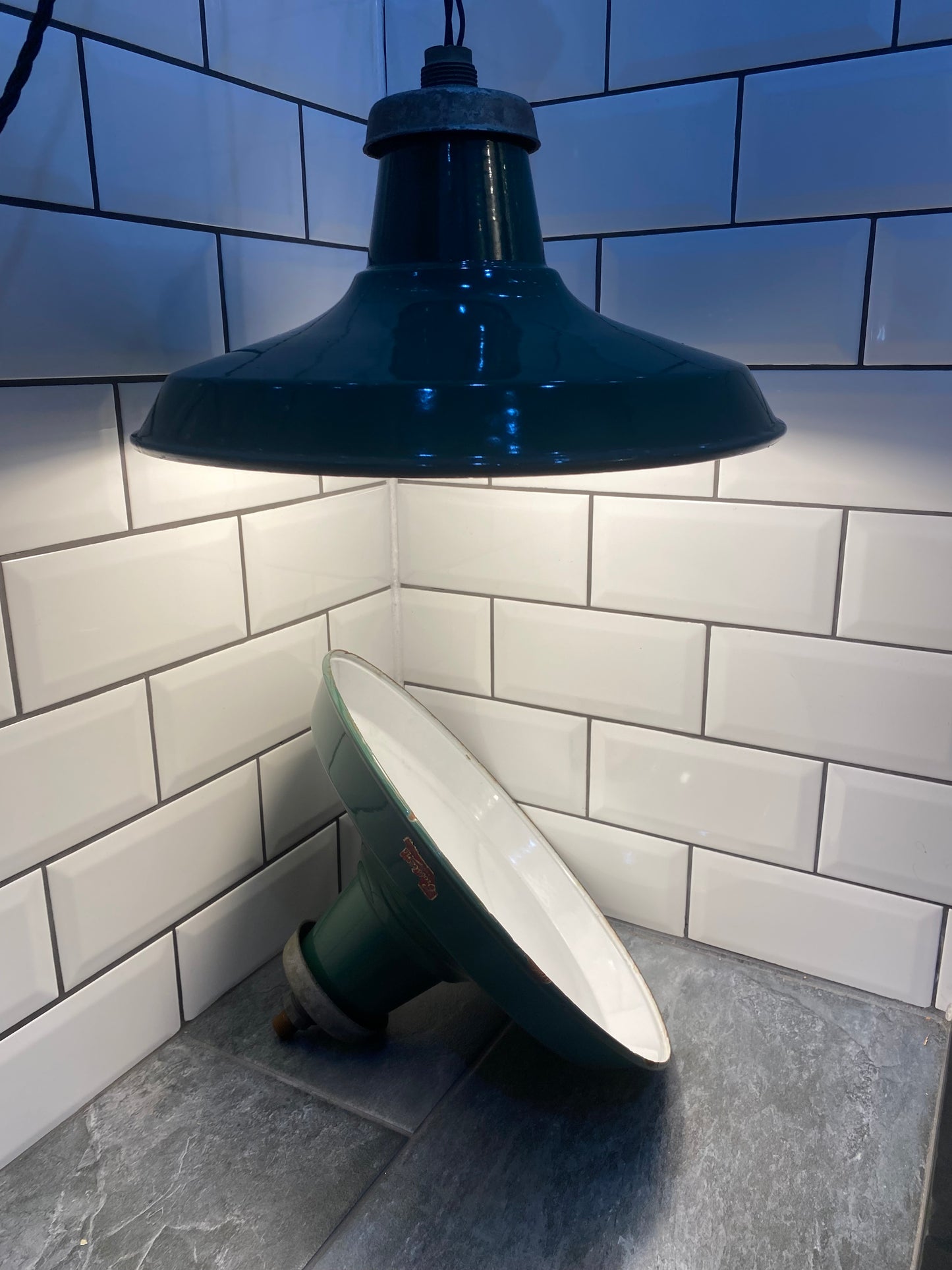1940s Crossland Industrial Enamel Pendant Lights