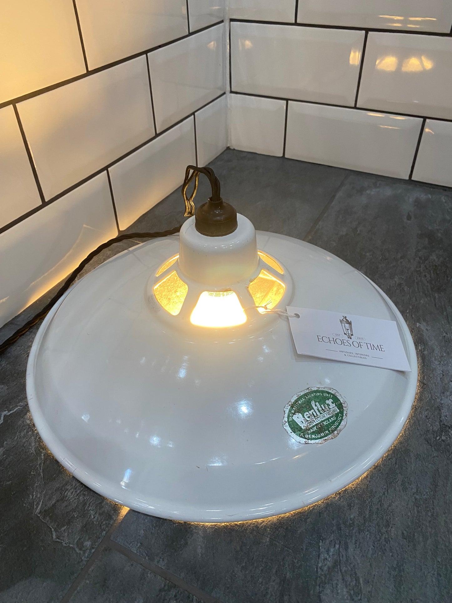 1930/40s White Enamel Benflux Pendant Light By Benjamin