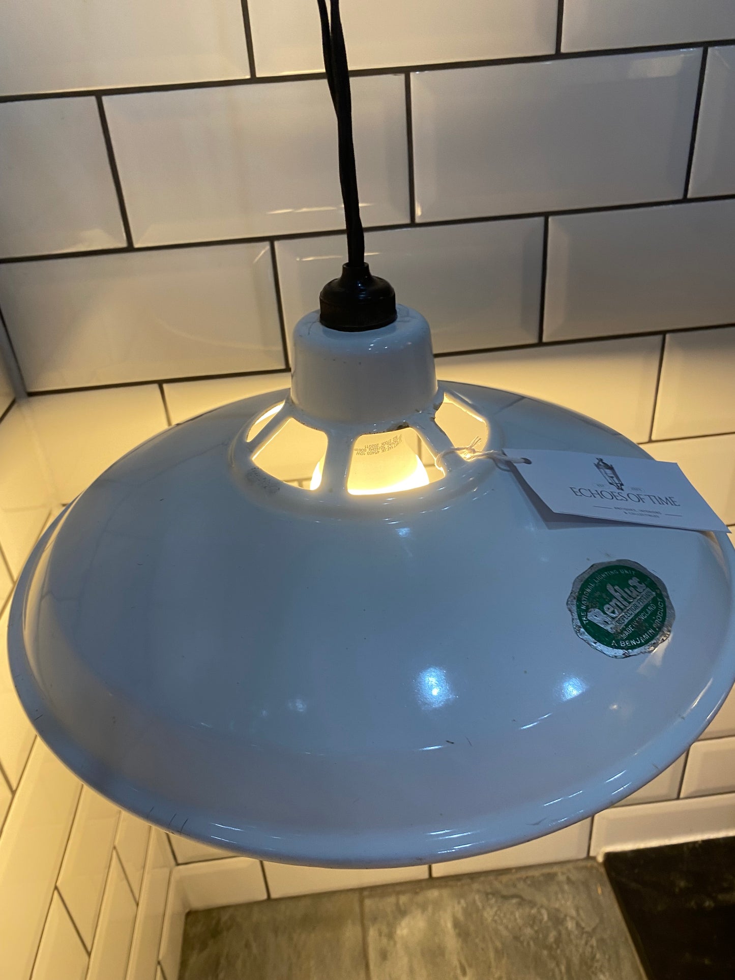 1930/40s White Enamel Benflux Pendant Light By Benjamin