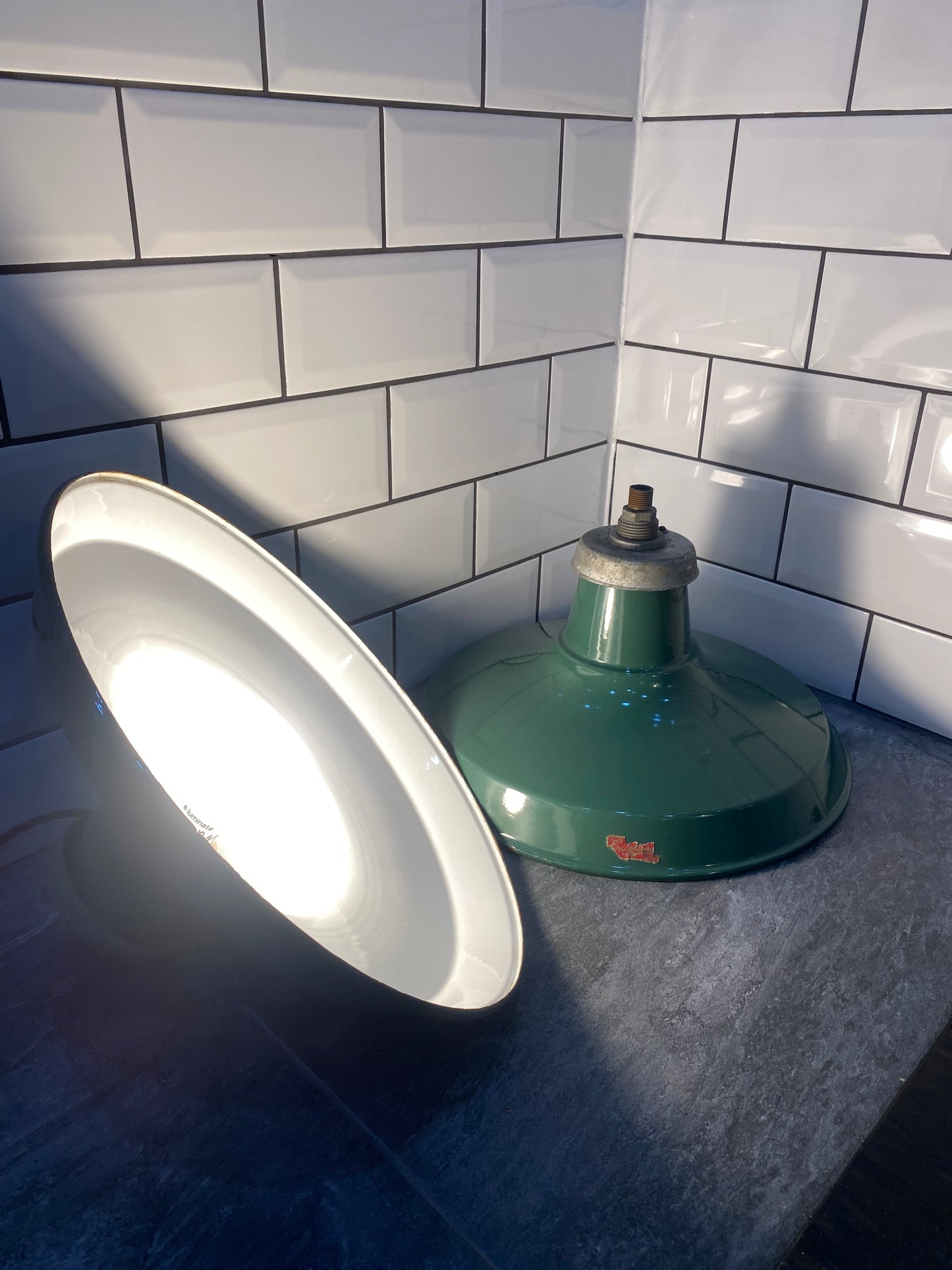 1940s Crossland Industrial Enamel Pendant Lights