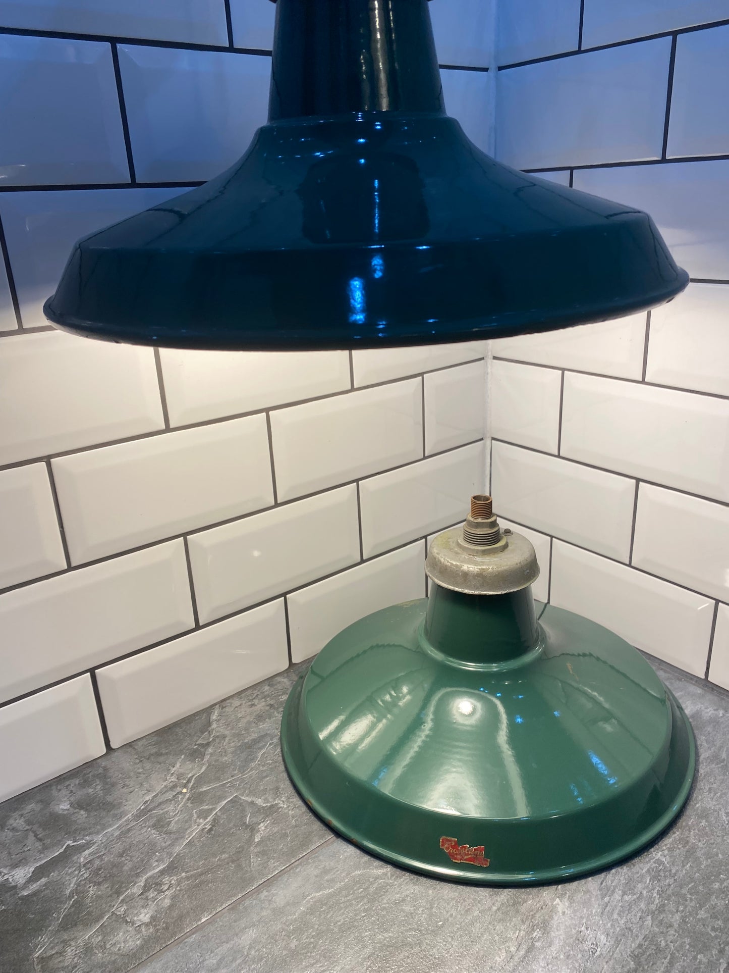 1940s Crossland Industrial Enamel Pendant Lights