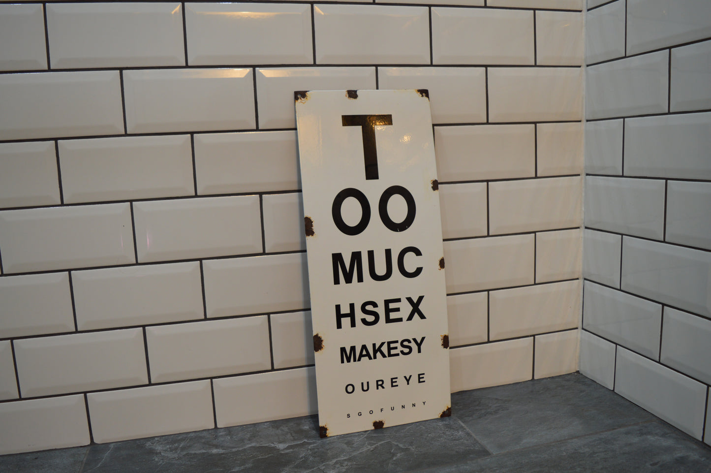 'Too Much Sex' Enamel Opticians Sign