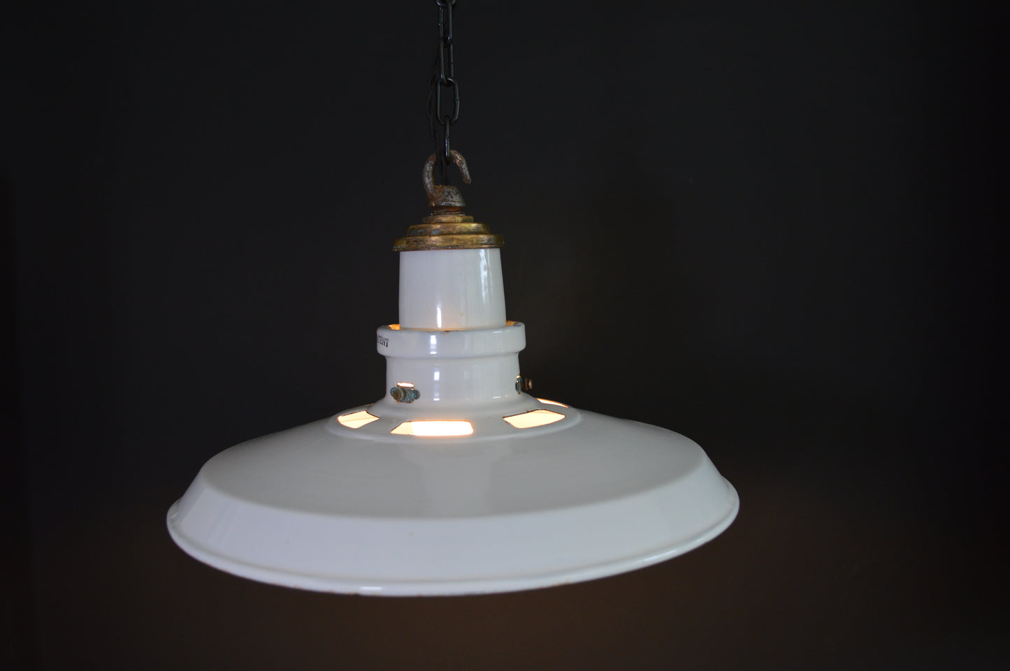 1940s Thorlux industrial white enamel pendant lights