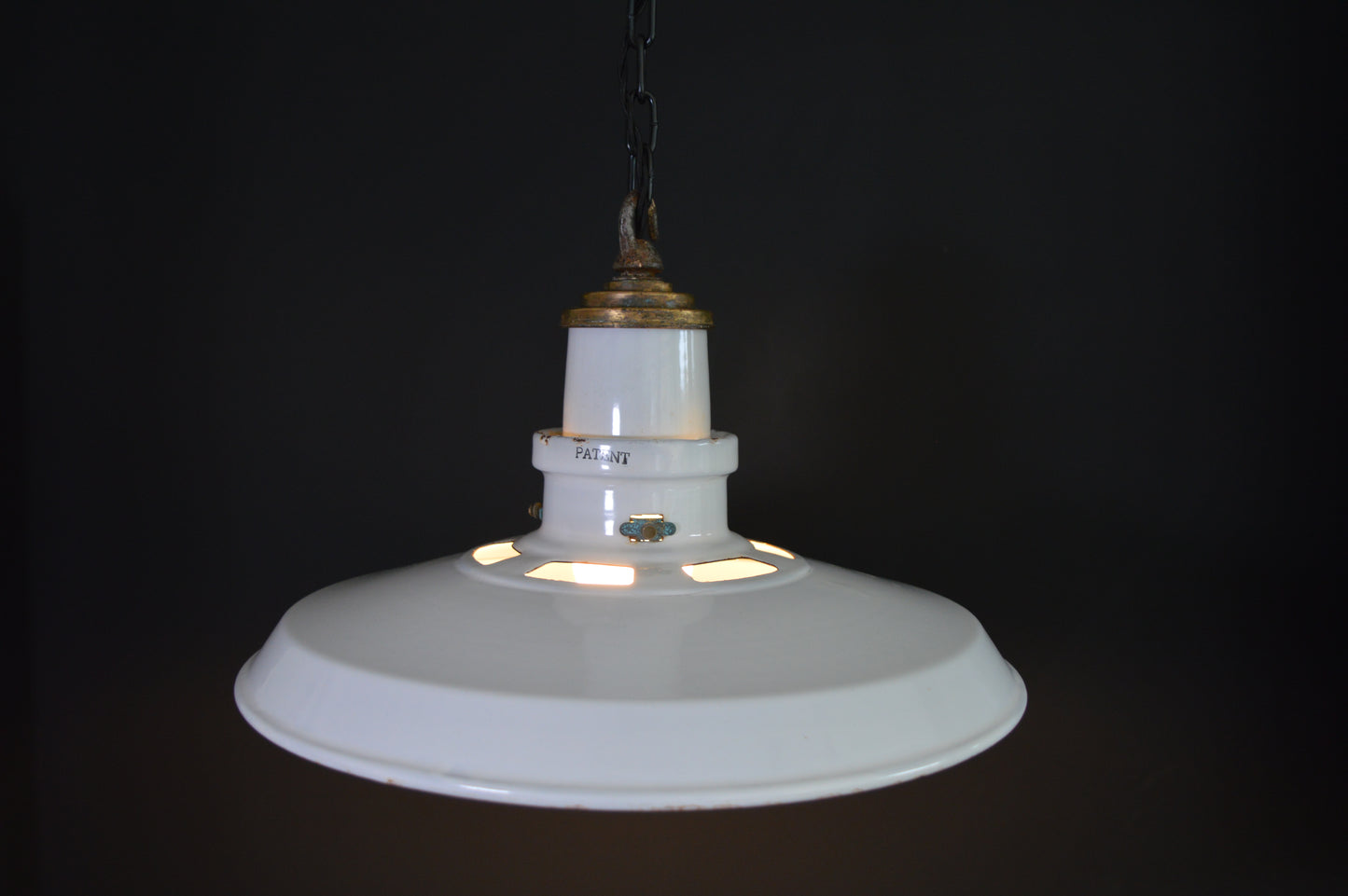 1940s Thorlux industrial white enamel pendant lights