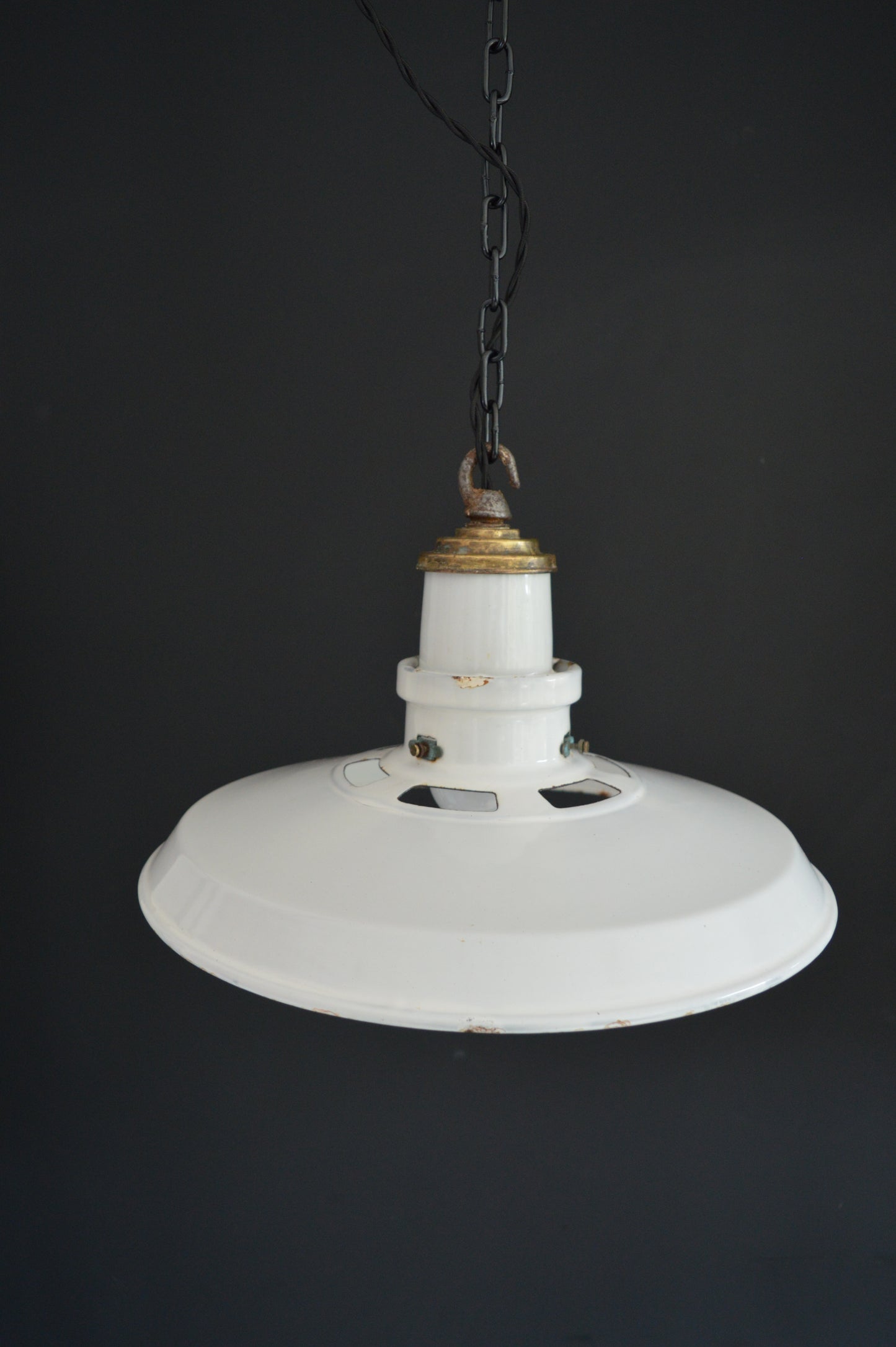 1940s Thorlux industrial white enamel pendant lights