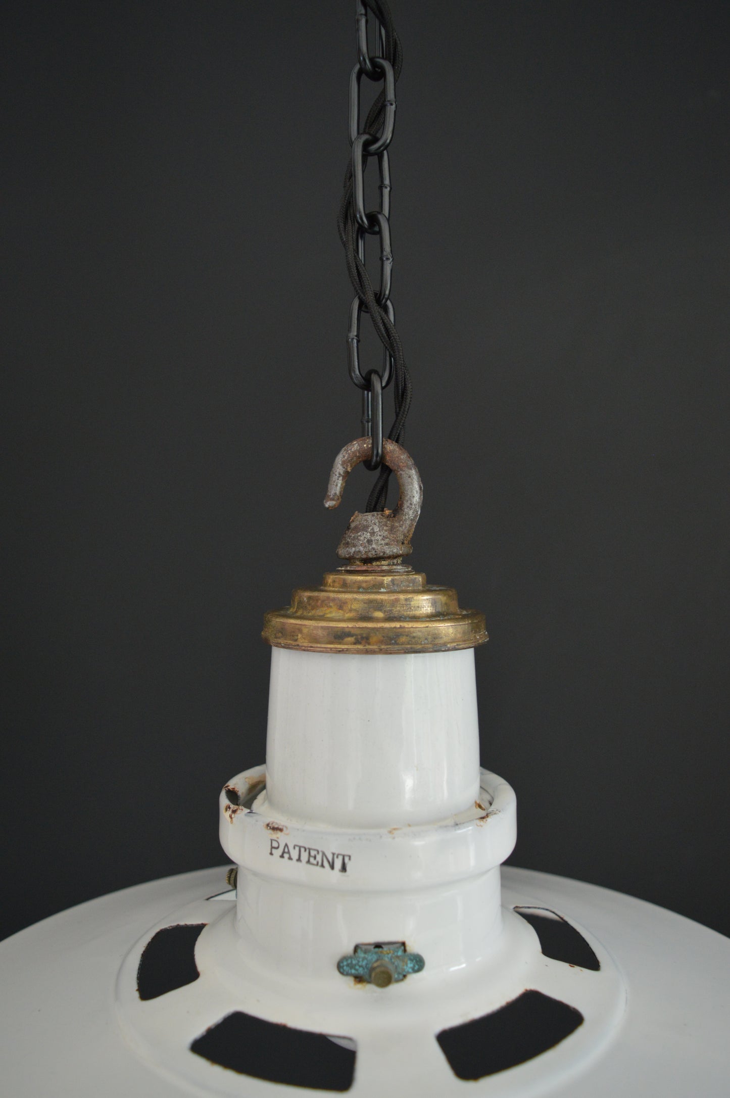 1940s Thorlux industrial white enamel pendant lights