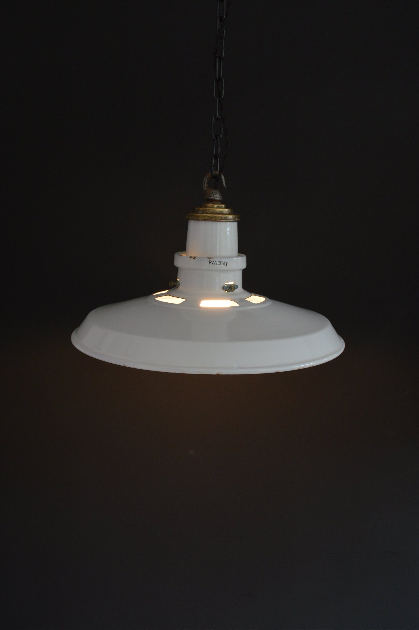 1940s Thorlux industrial white enamel pendant lights