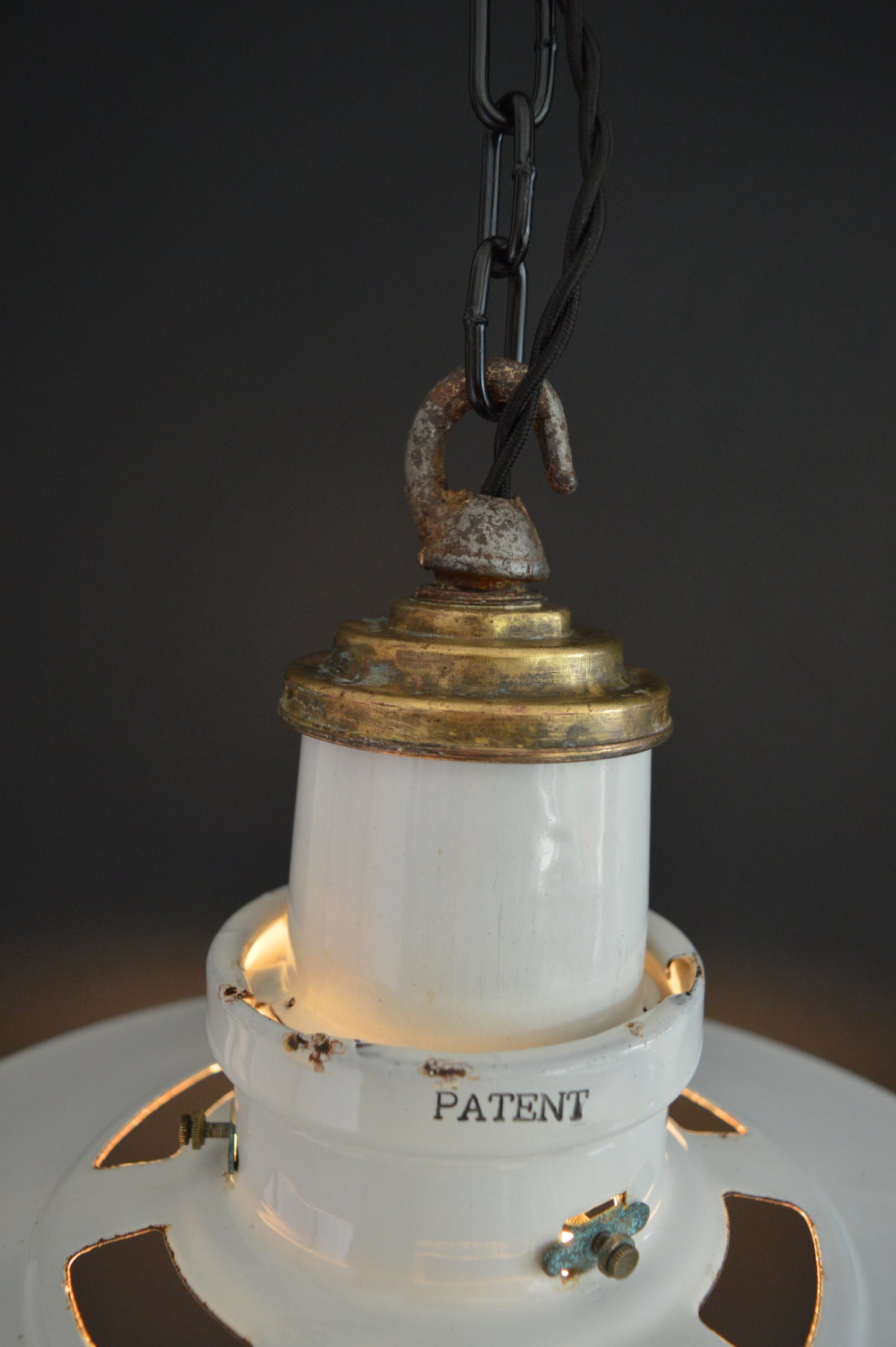 1940s Thorlux industrial white enamel pendant lights