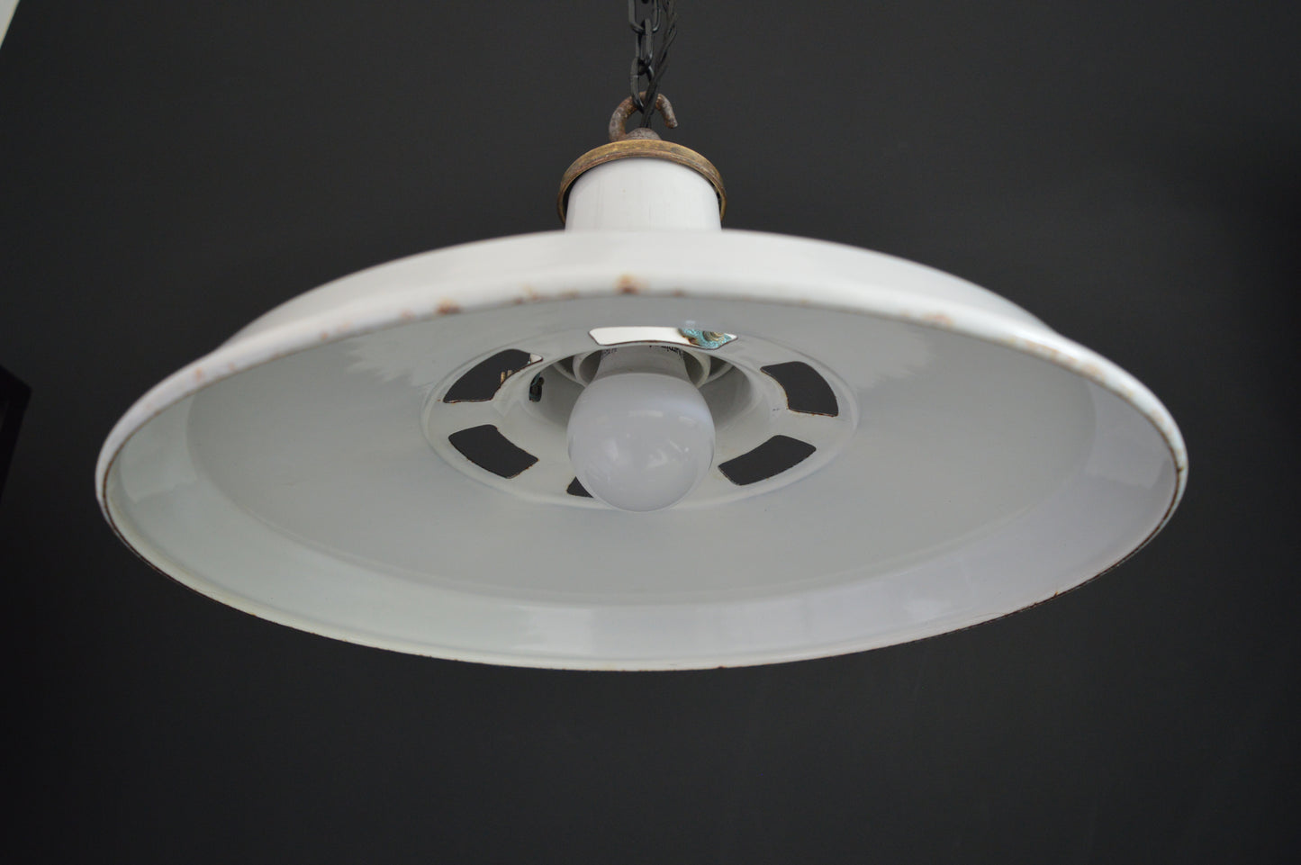 1940s Thorlux industrial white enamel pendant lights