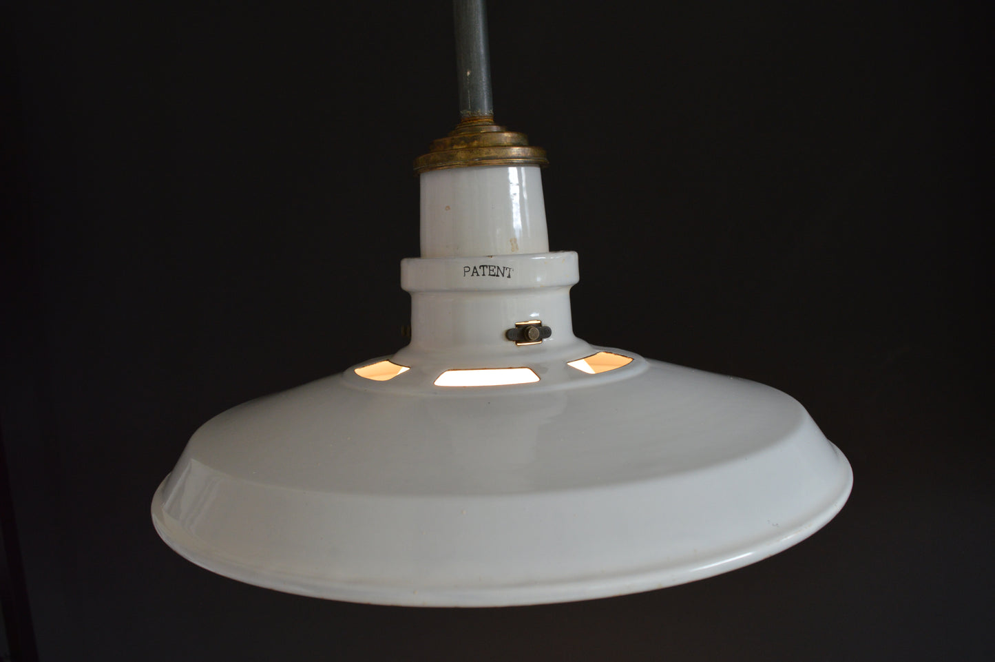 Pair of 1940s Thorlux industrial white enamel pendant lights with opaline glass shade