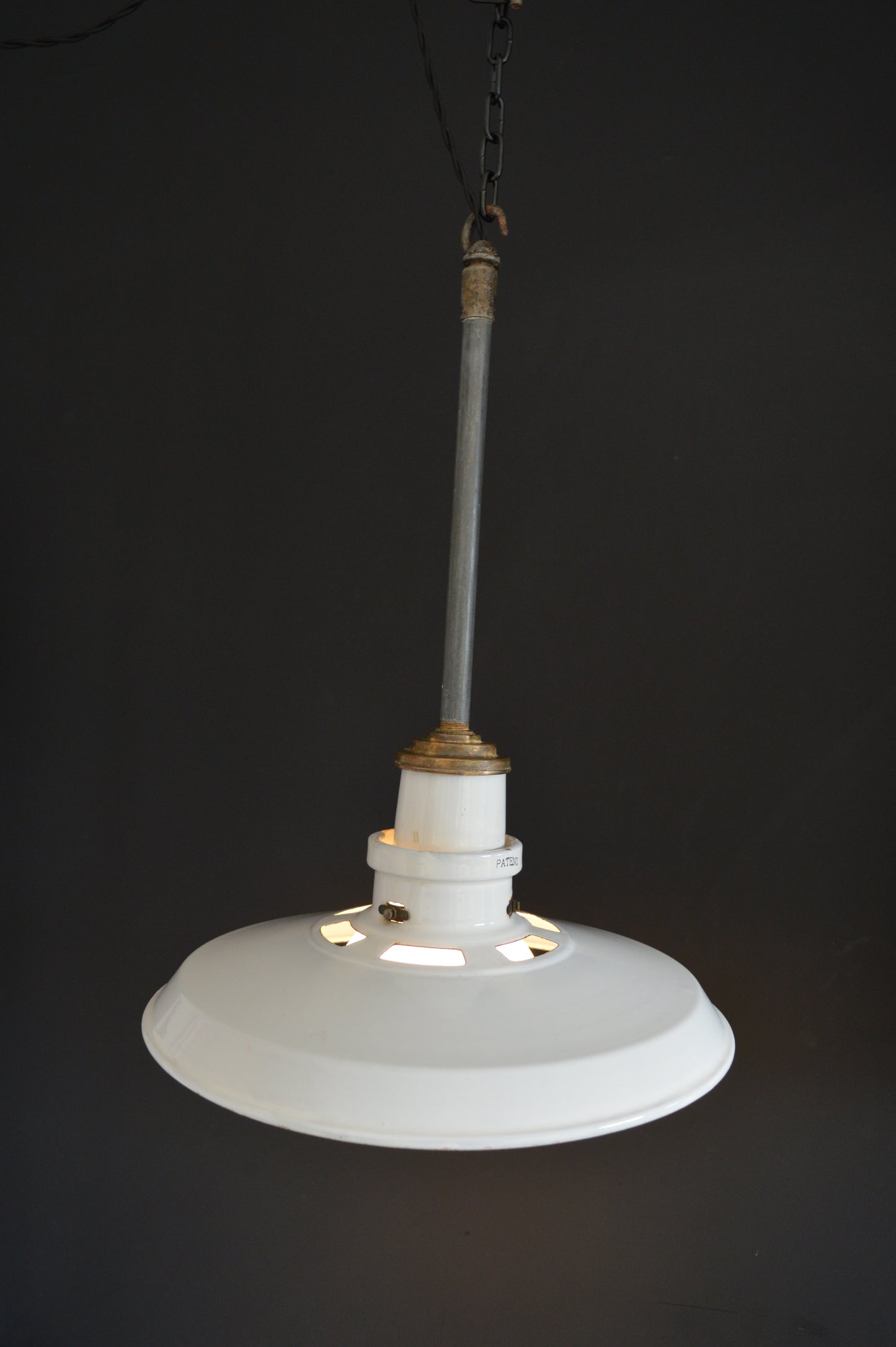 Pair of 1940s Thorlux industrial white enamel pendant lights with opaline glass shade