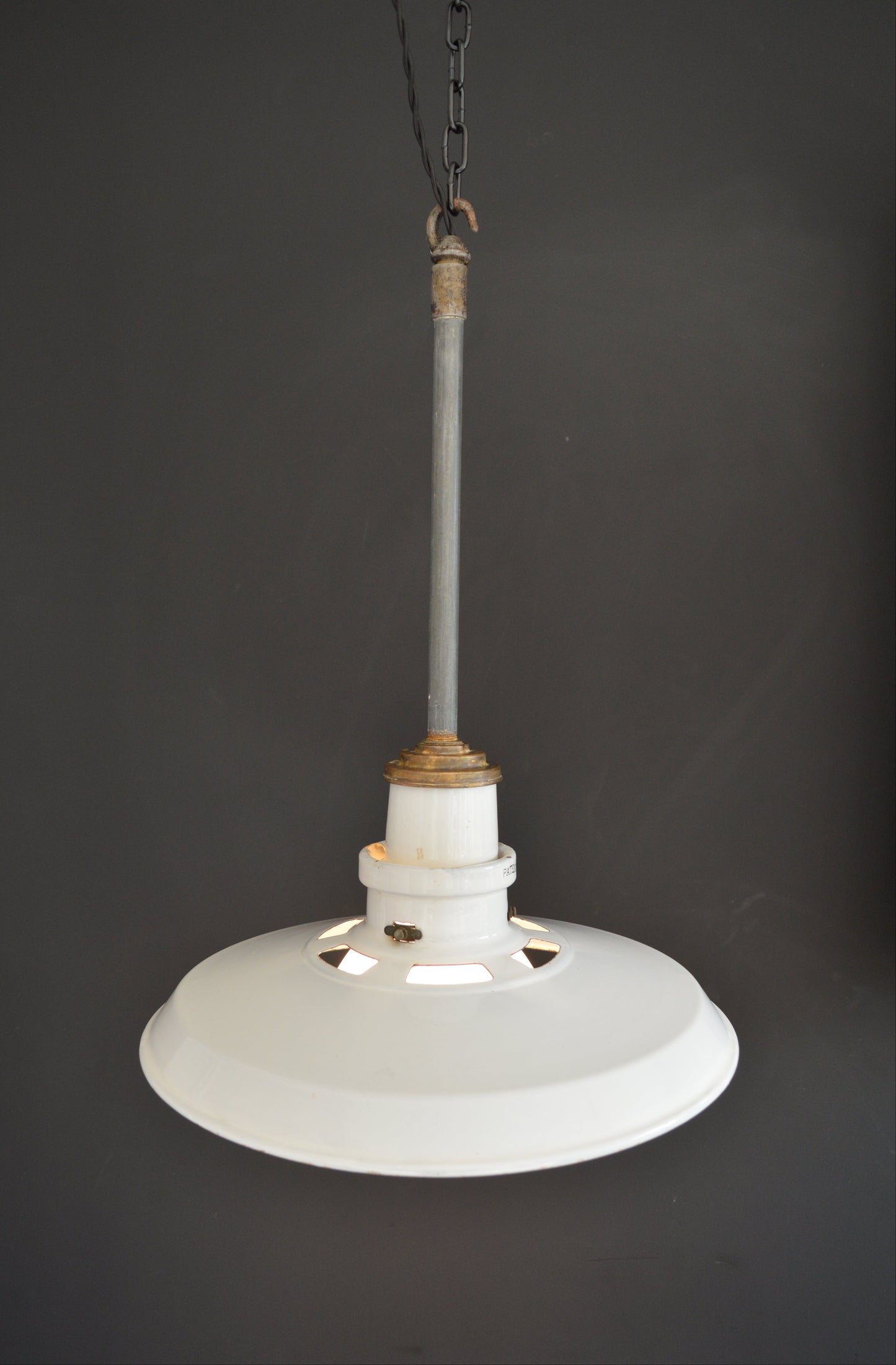 Pair of 1940s Thorlux industrial white enamel pendant lights with opaline glass shade