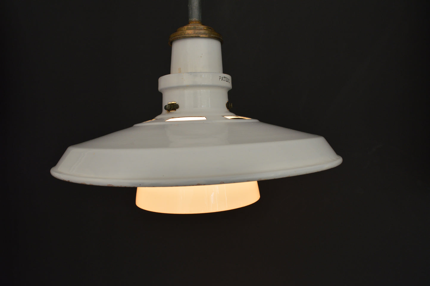 Pair of 1940s Thorlux industrial white enamel pendant lights with opaline glass shade