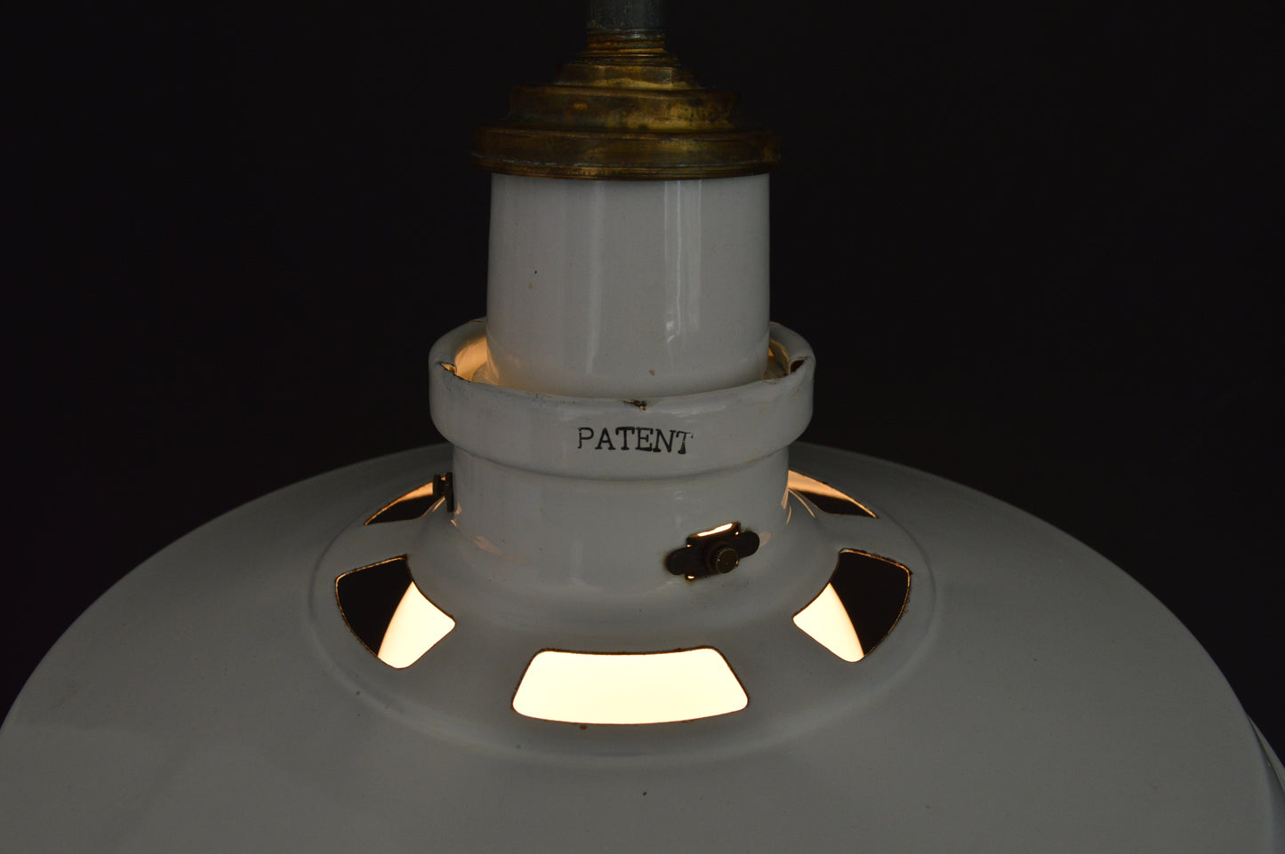 Pair of 1940s Thorlux industrial white enamel pendant lights with opaline glass shade