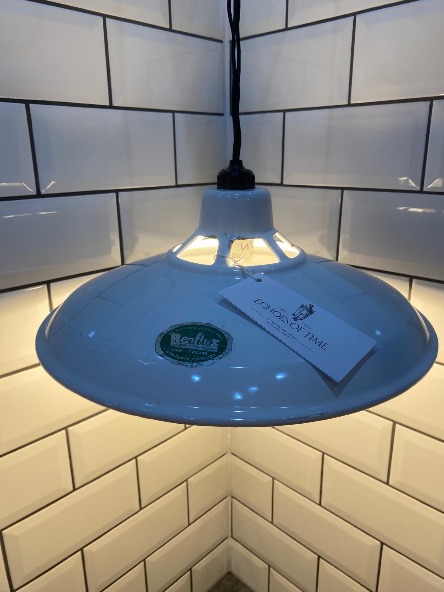 1930/40s White Enamel Benflux Pendant Light By Benjamin