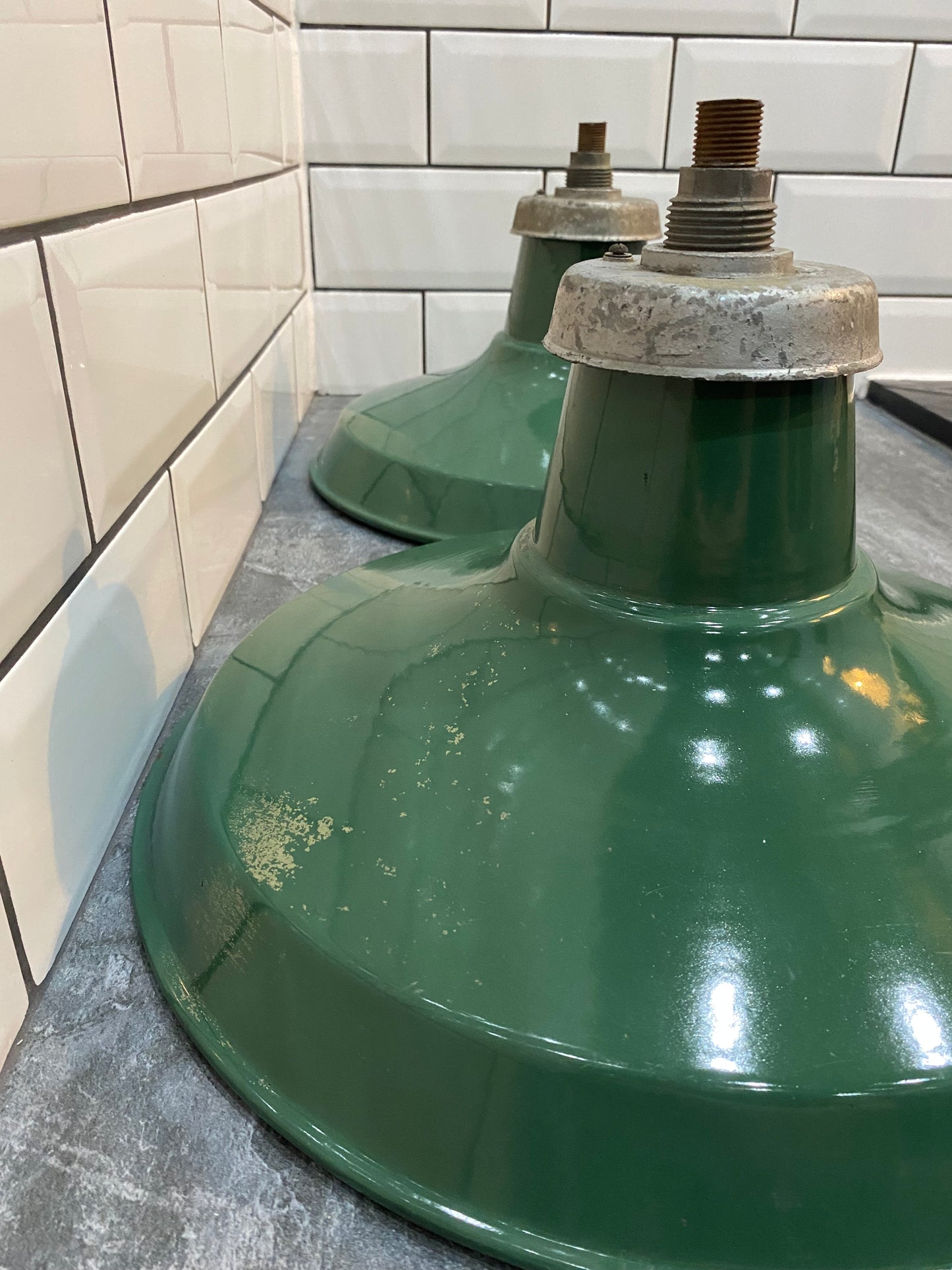 1940s Crossland Industrial Enamel Pendant Lights