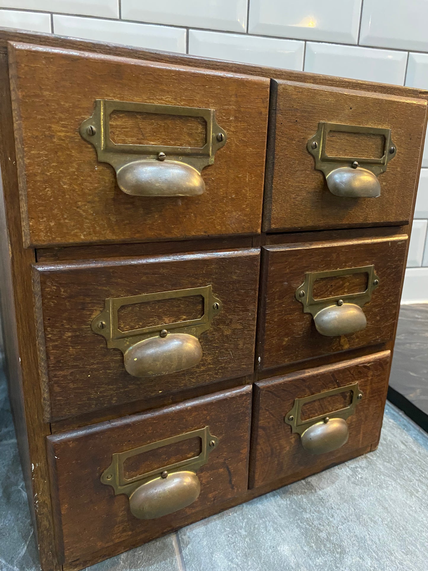 Early 20th century rustic oak 6 drawer index cabinet.