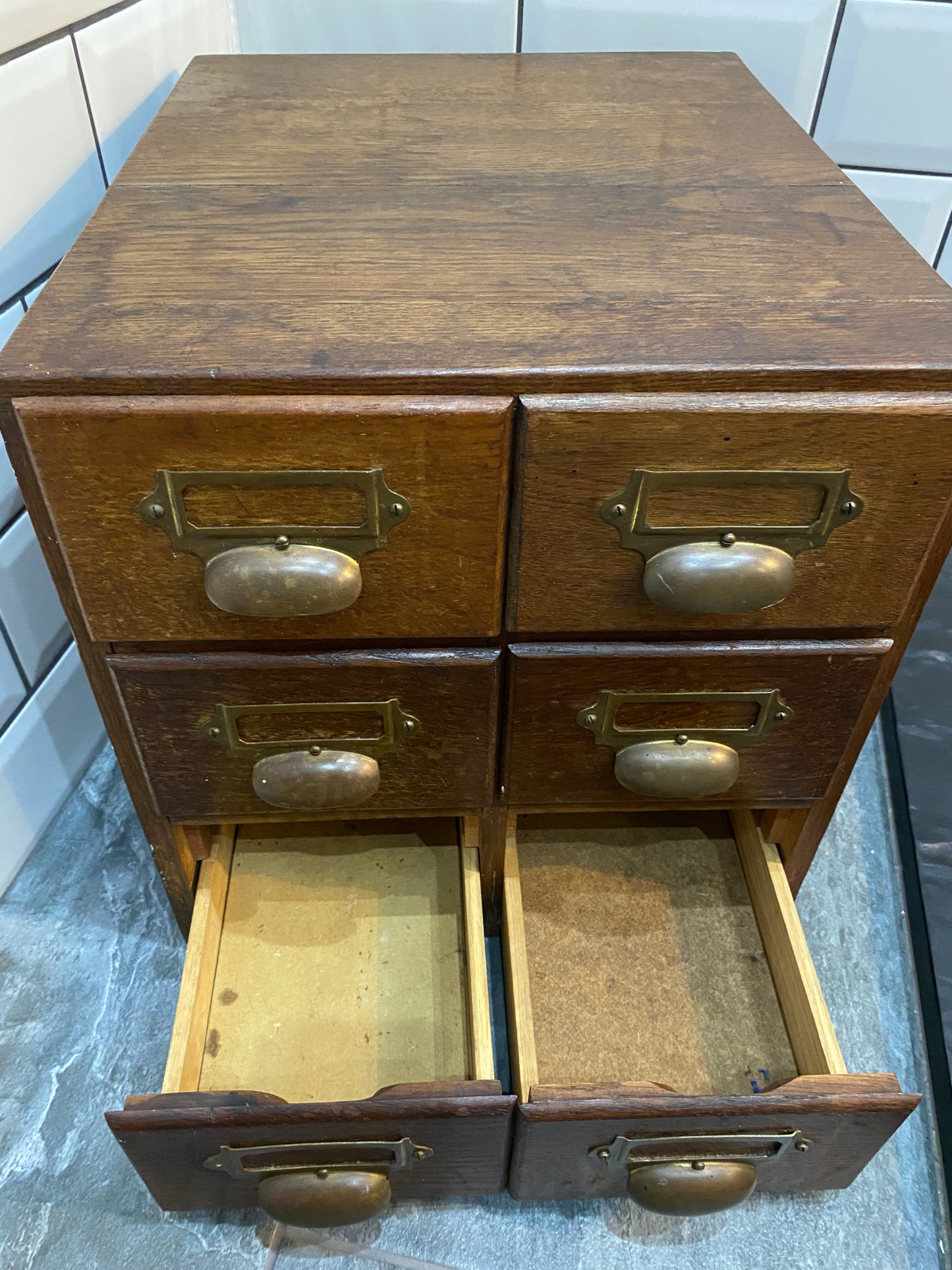 Early 20th century rustic oak 6 drawer index cabinet.