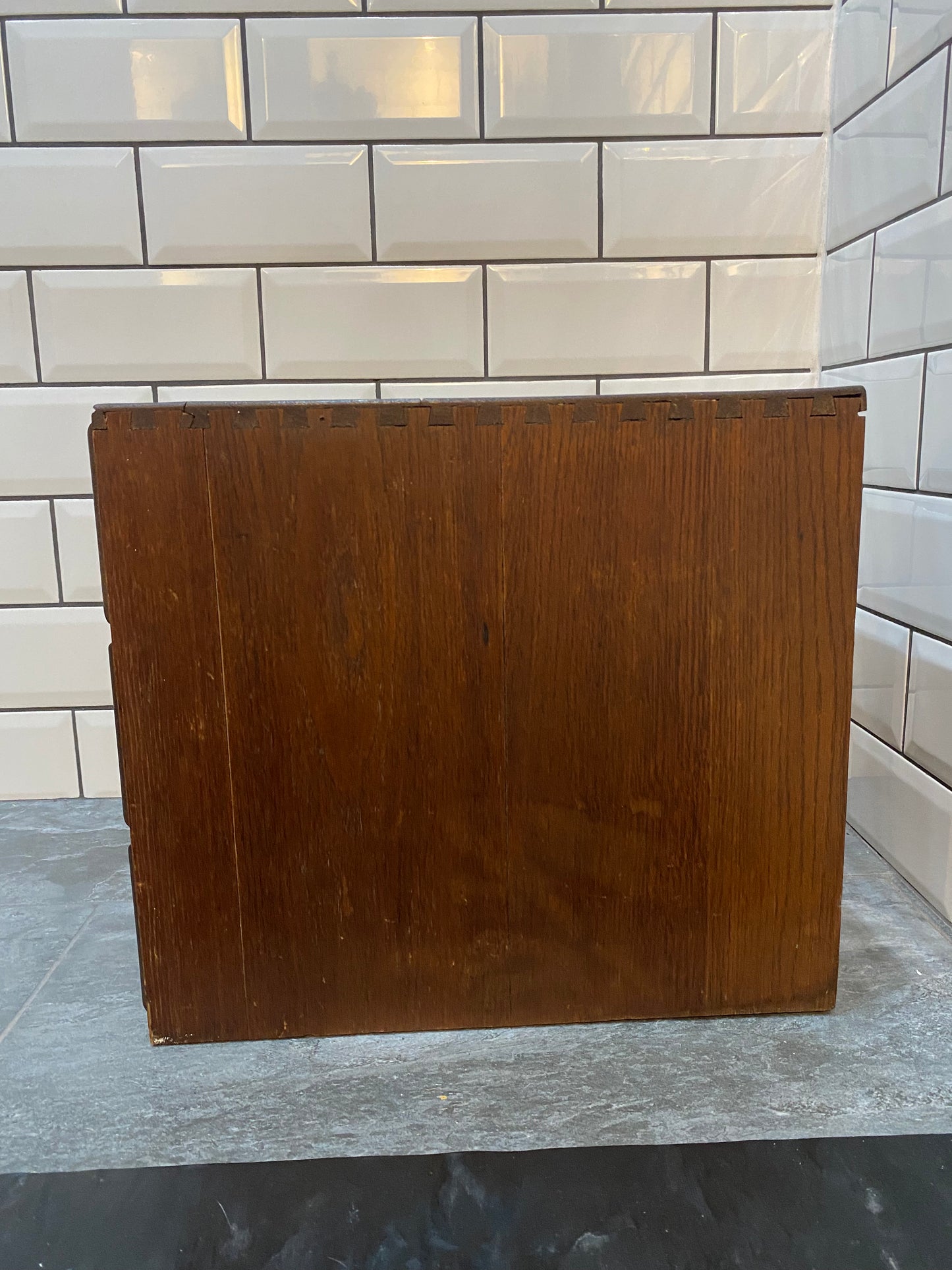 Early 20th century rustic oak 6 drawer index cabinet.