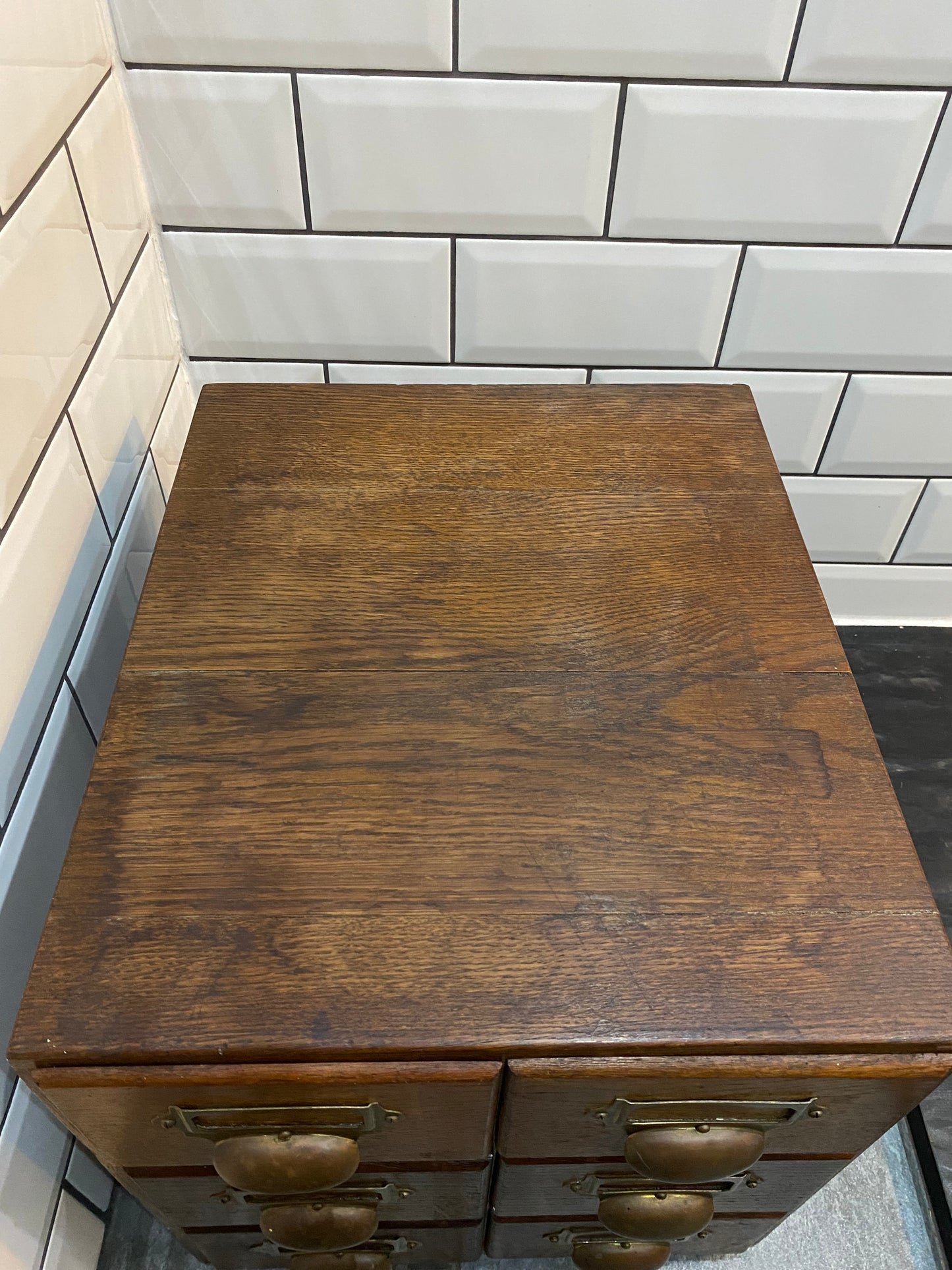 Early 20th century rustic oak 6 drawer index cabinet.