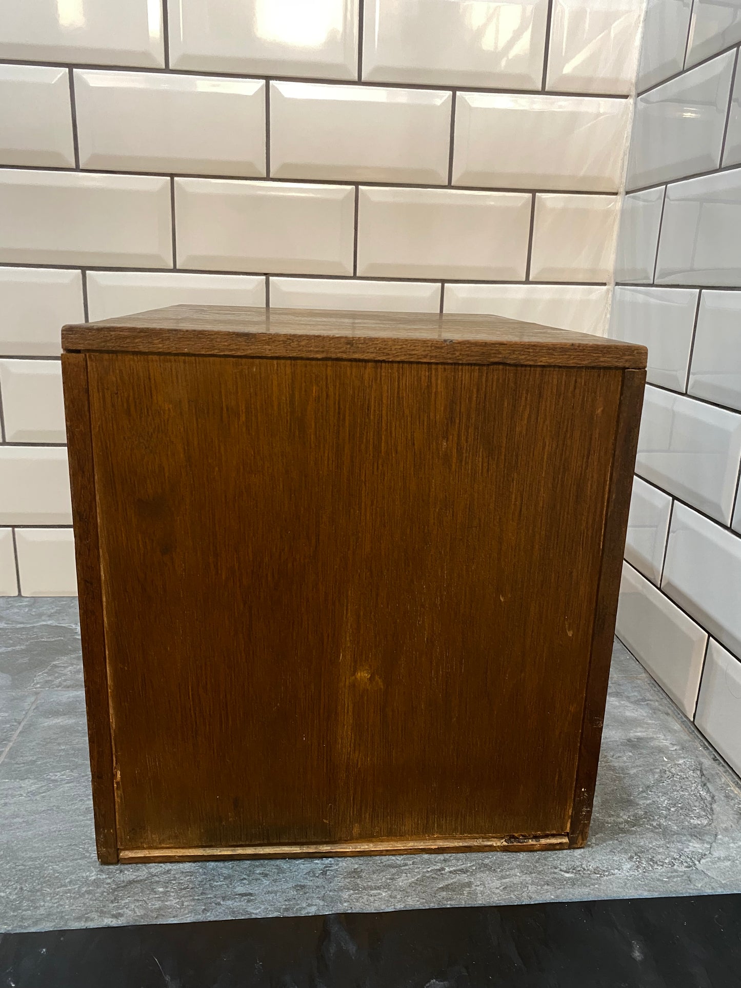 Early 20th century rustic oak 6 drawer index cabinet.