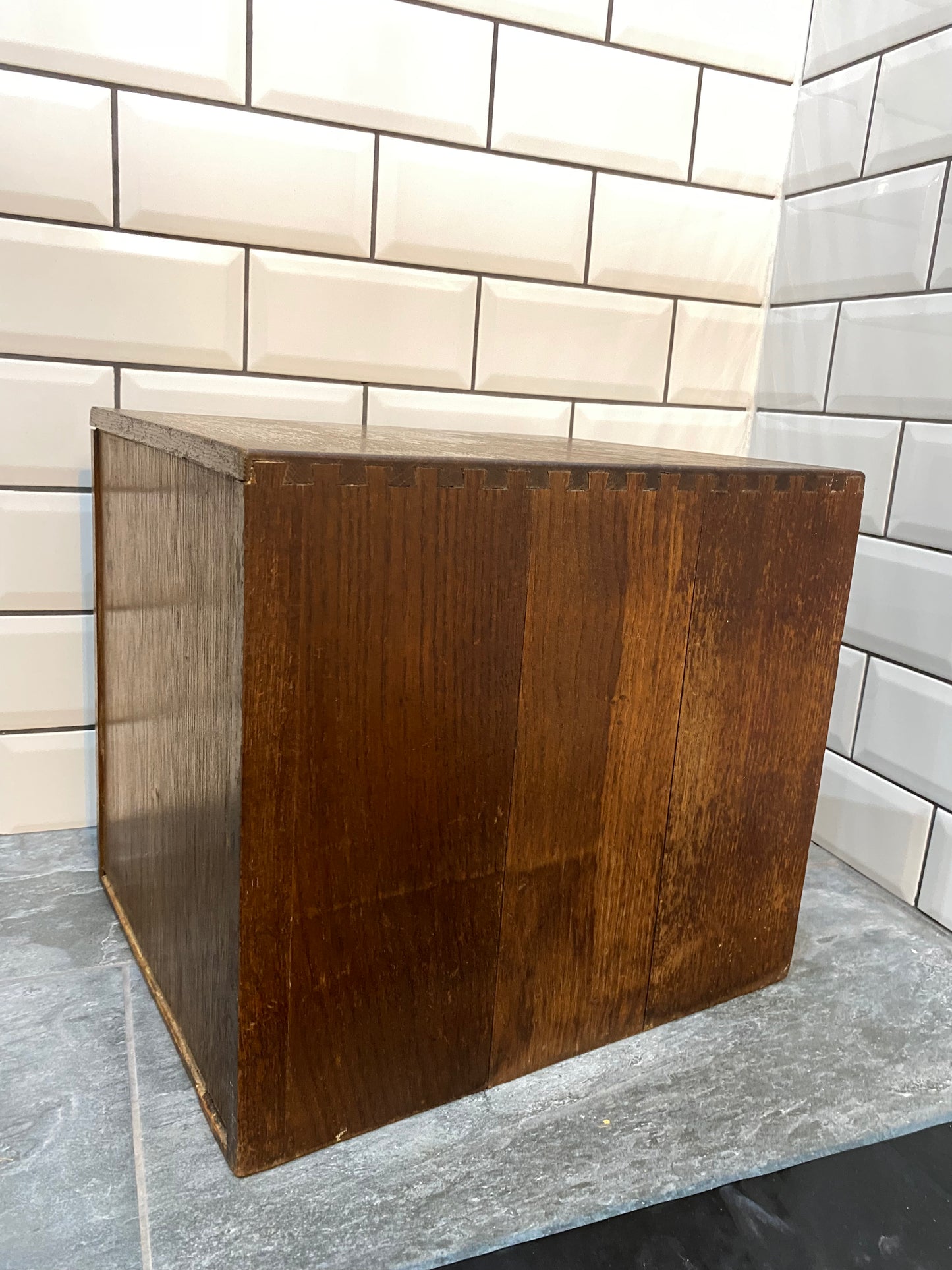 Early 20th century rustic oak 6 drawer index cabinet.