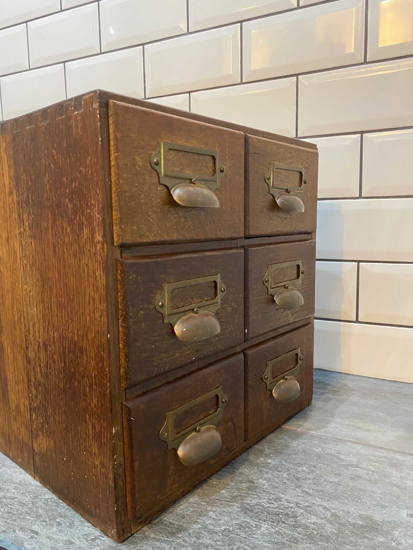 Early 20th century rustic oak 6 drawer index cabinet.