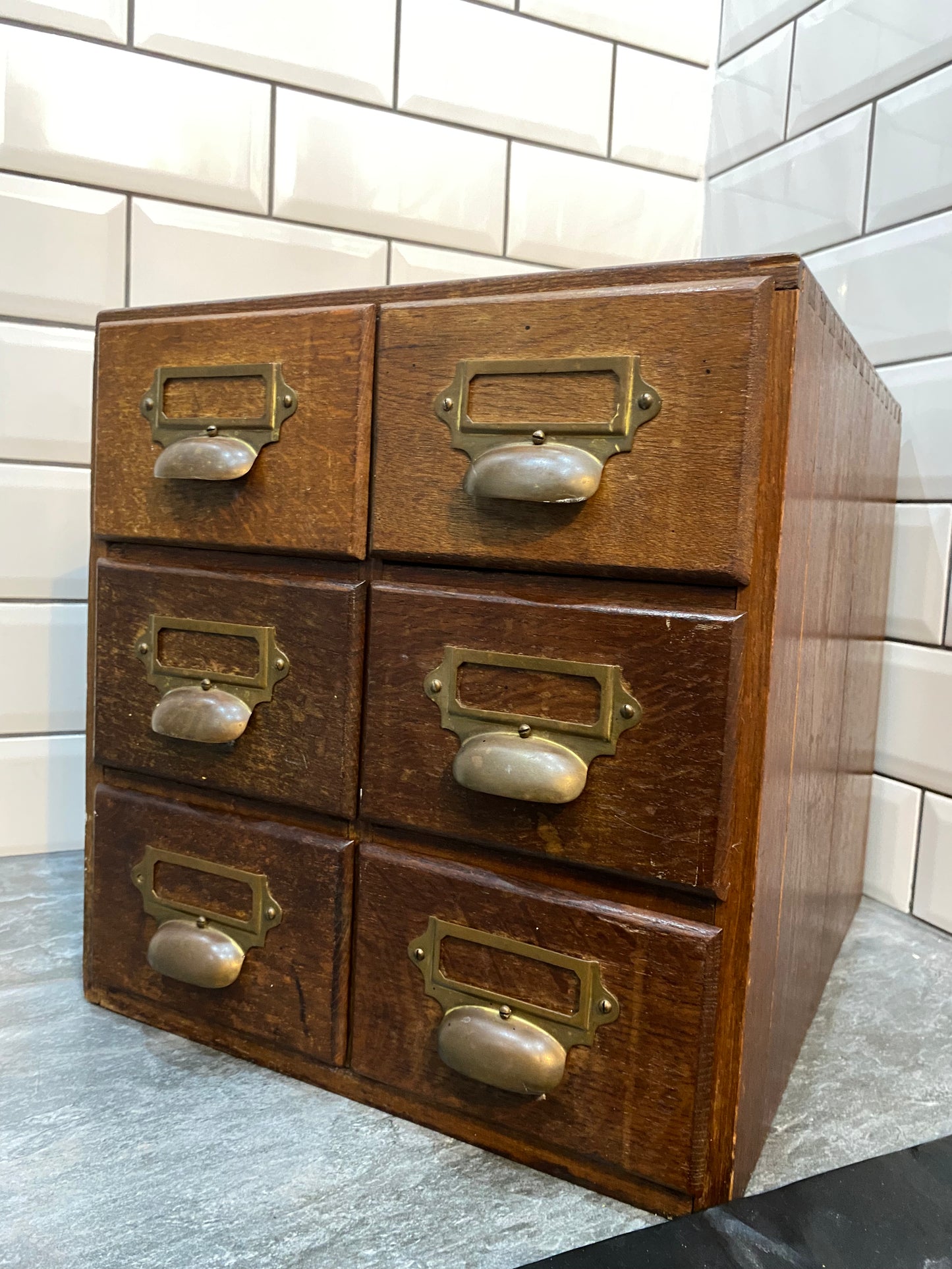 Early 20th century rustic oak 6 drawer index cabinet.