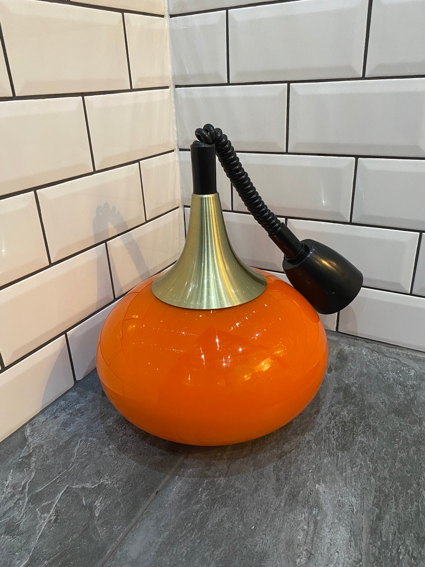1970's Rise and Fall Ceiling Light Fitting with Opaque Orange Glass Shade