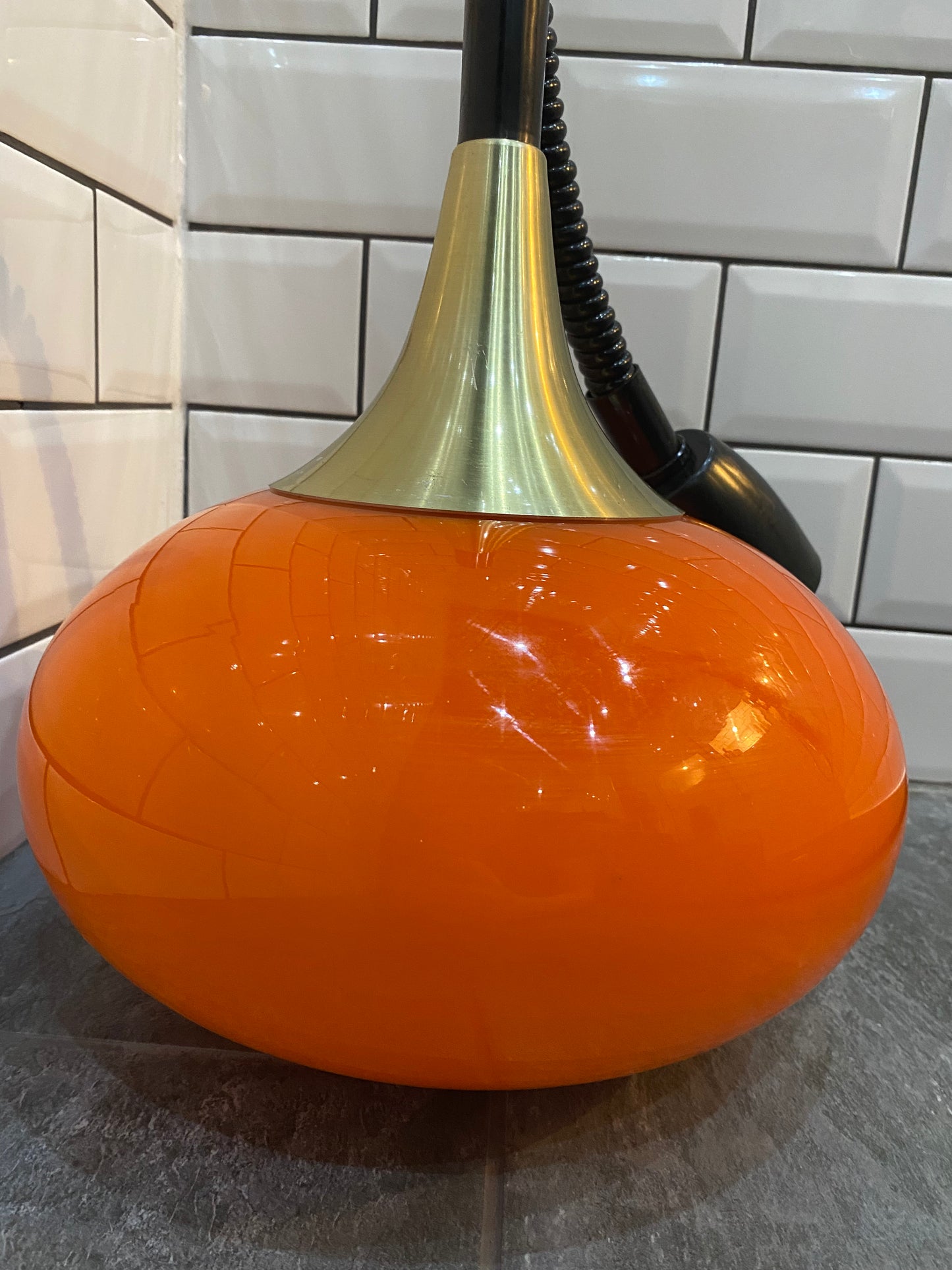 1970's Rise and Fall Ceiling Light Fitting with Opaque Orange Glass Shade