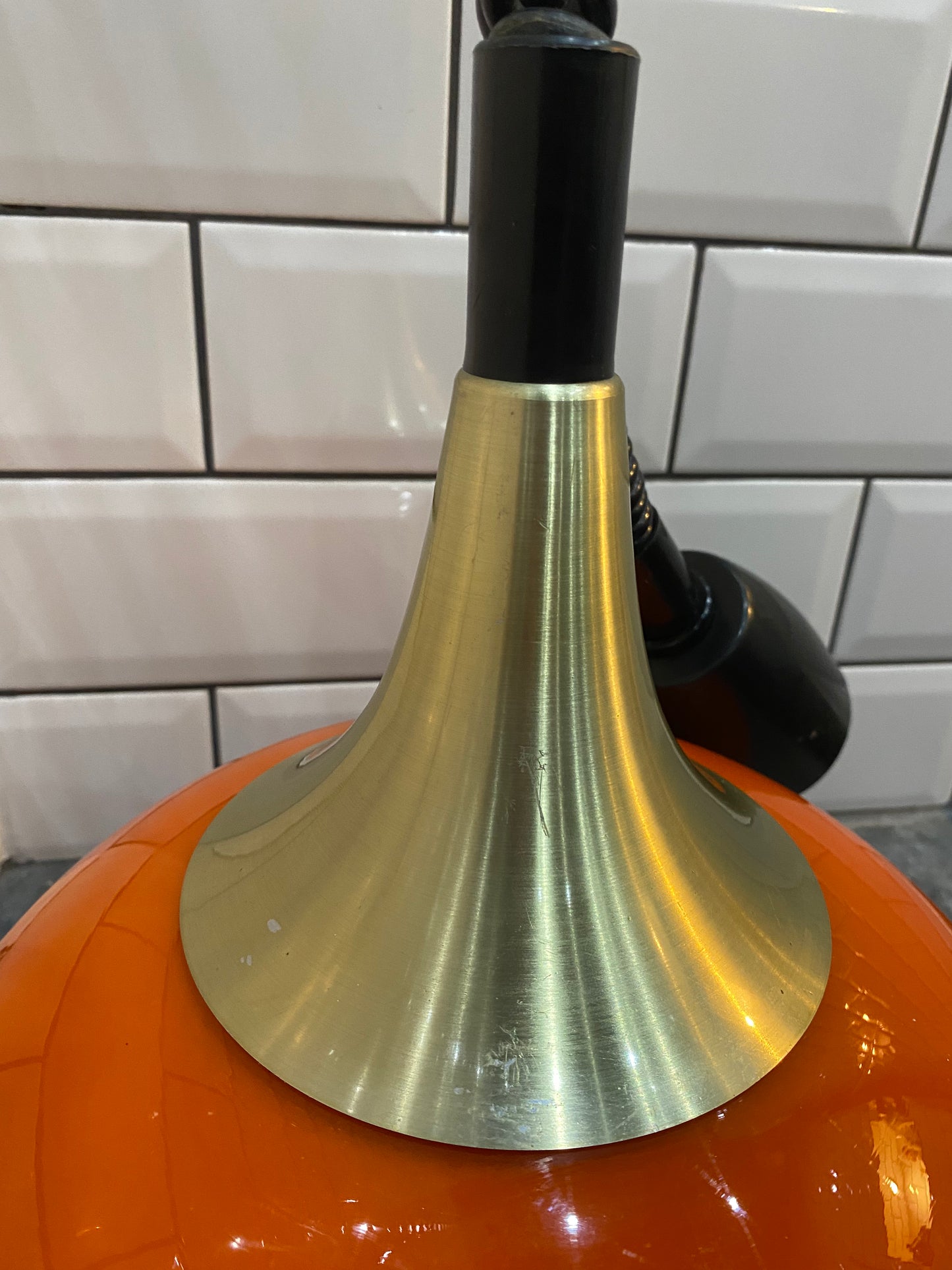 1970's Rise and Fall Ceiling Light Fitting with Opaque Orange Glass Shade
