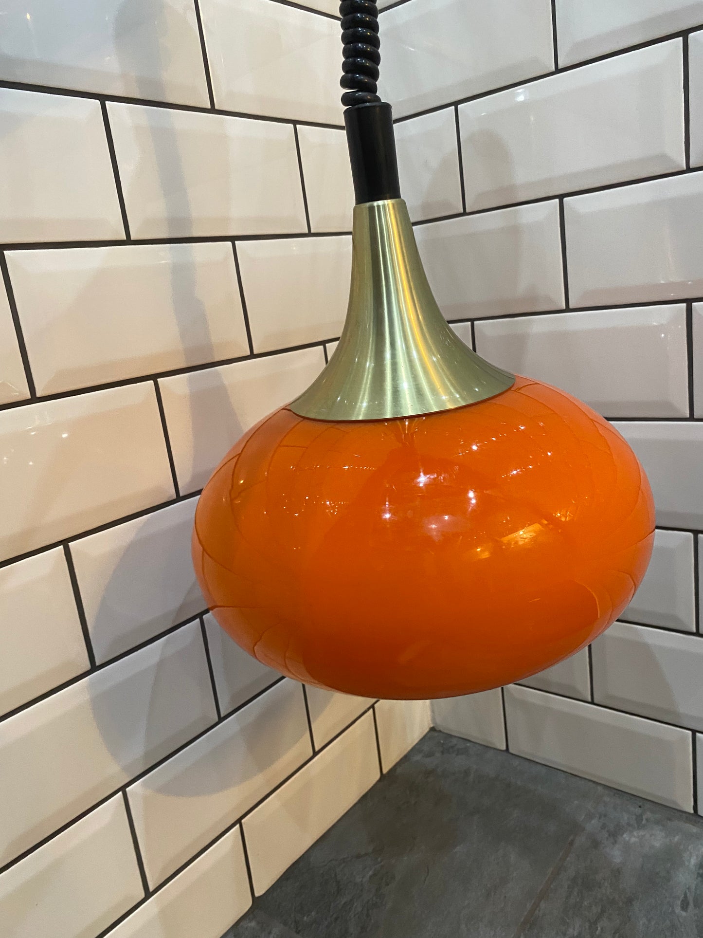 1970's Rise and Fall Ceiling Light Fitting with Opaque Orange Glass Shade