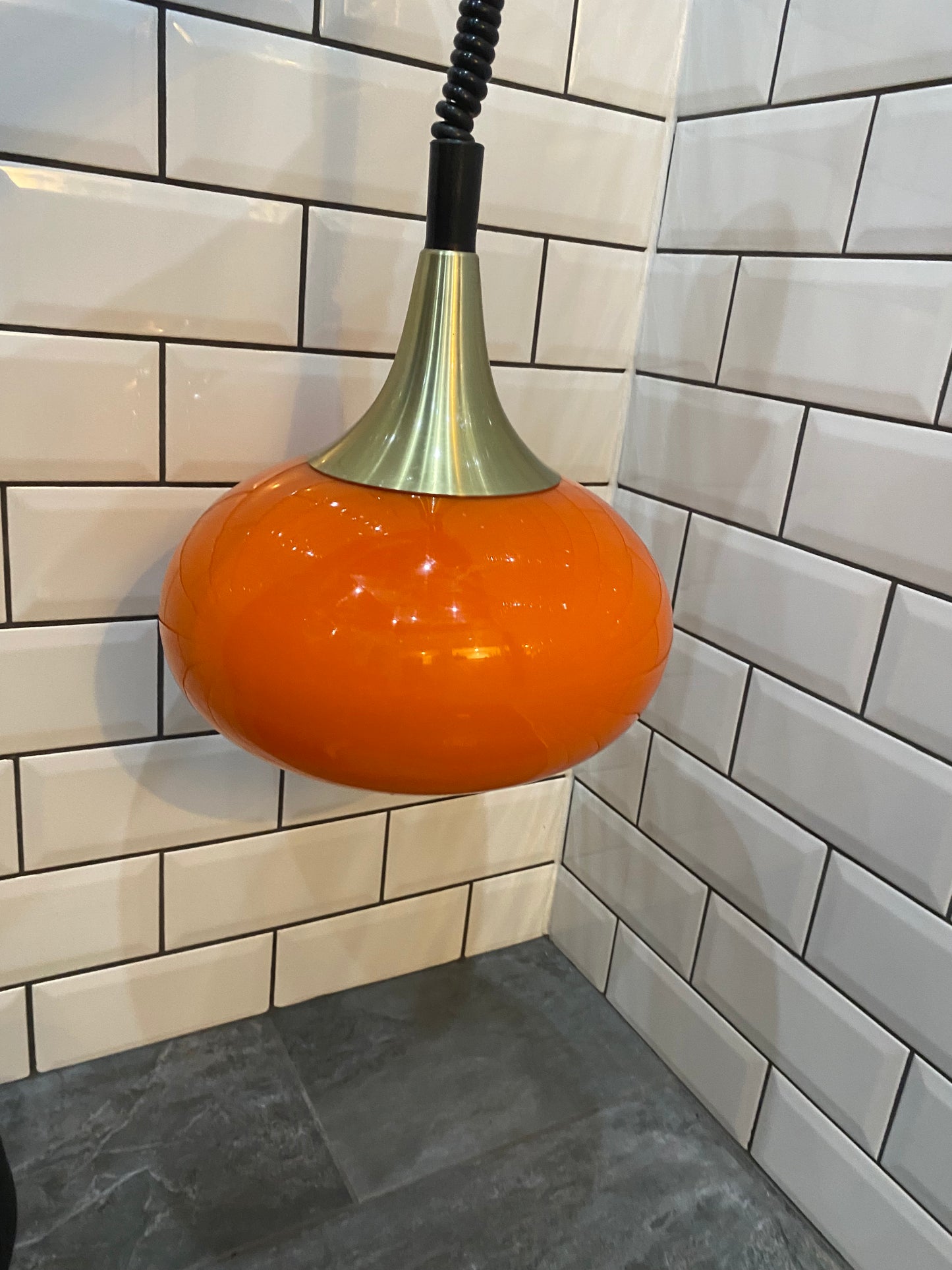 1970's Rise and Fall Ceiling Light Fitting with Opaque Orange Glass Shade