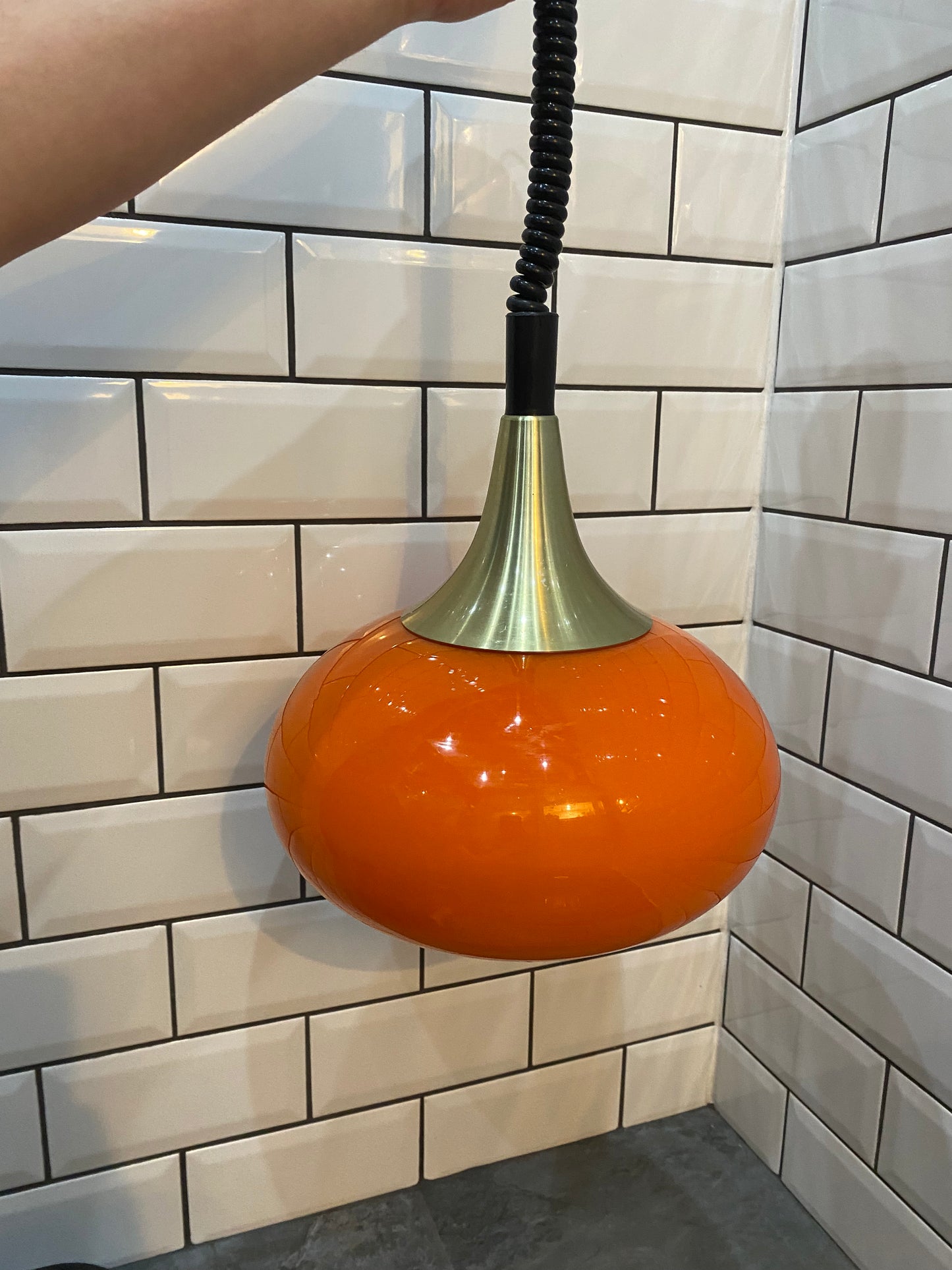 1970's Rise and Fall Ceiling Light Fitting with Opaque Orange Glass Shade
