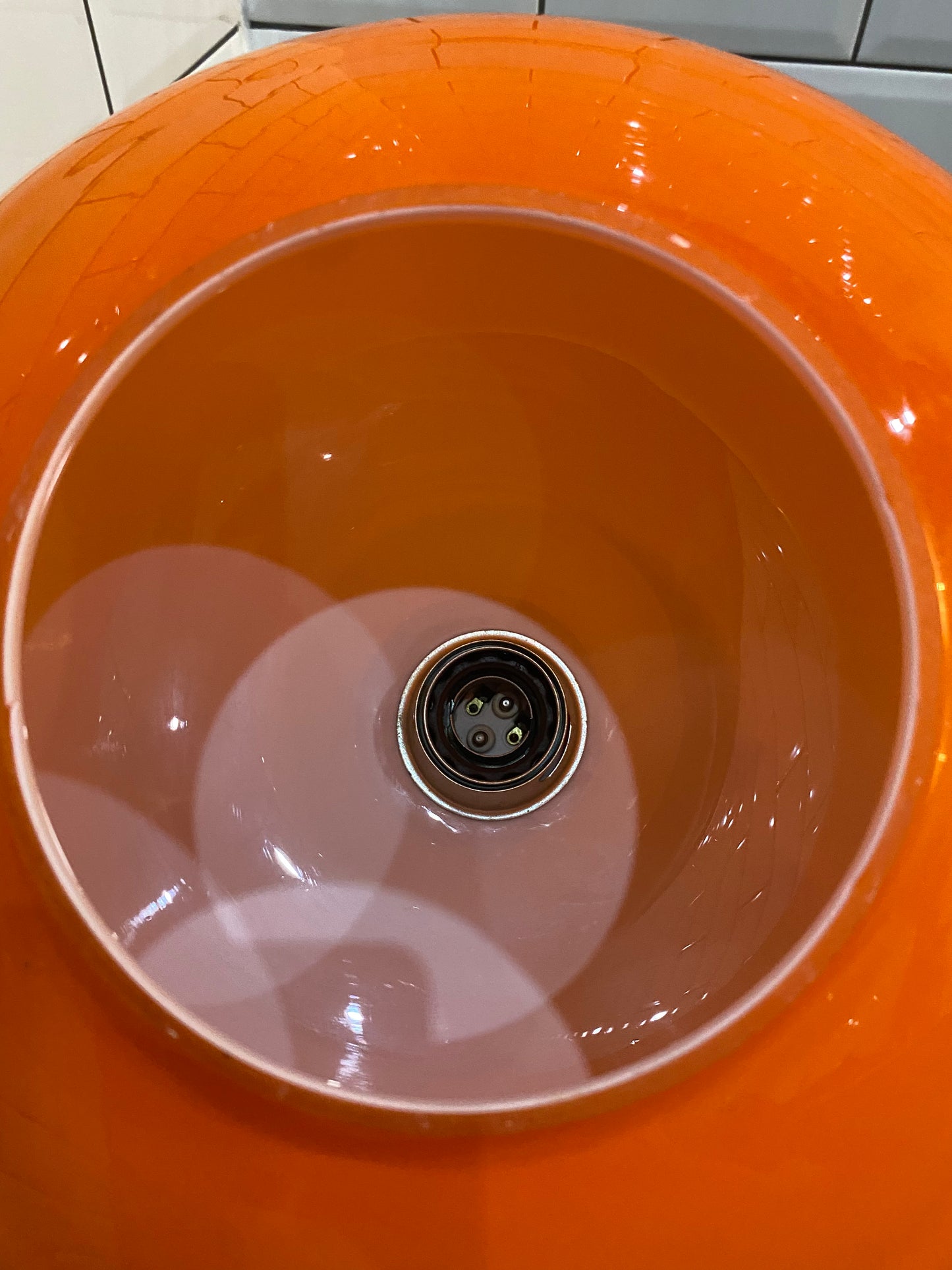 1970's Rise and Fall Ceiling Light Fitting with Opaque Orange Glass Shade