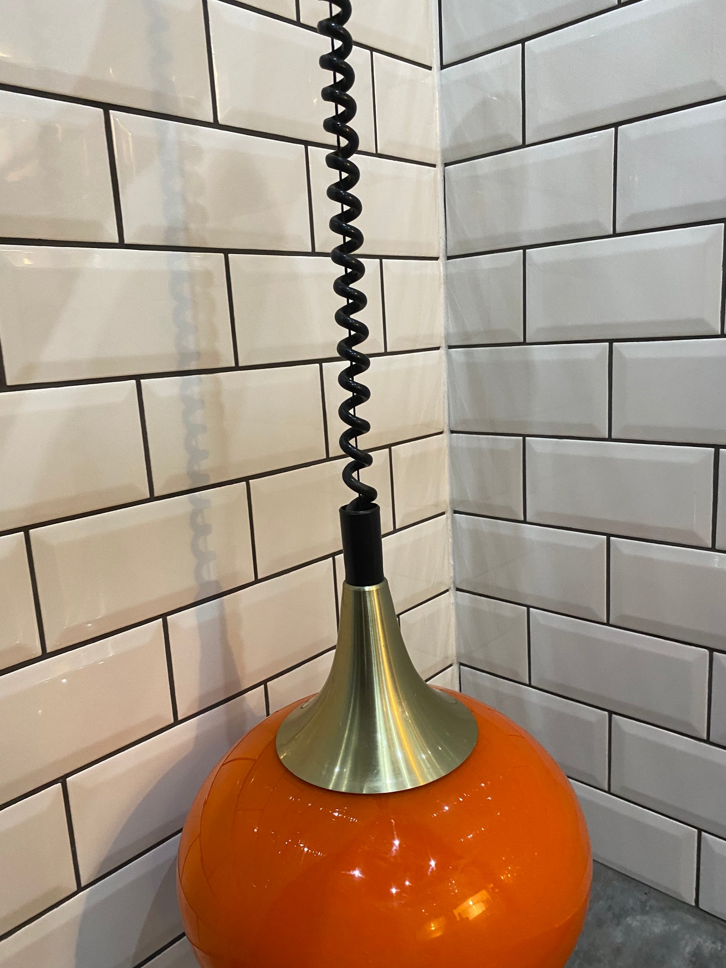 1970's Rise and Fall Ceiling Light Fitting with Opaque Orange Glass Shade