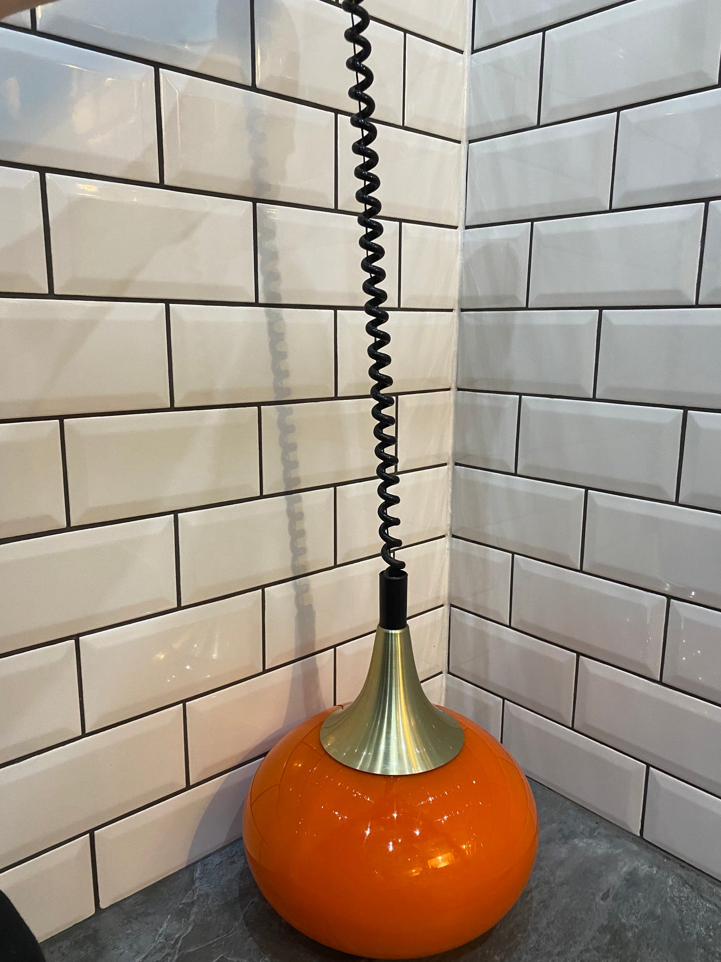1970's Rise and Fall Ceiling Light Fitting with Opaque Orange Glass Shade