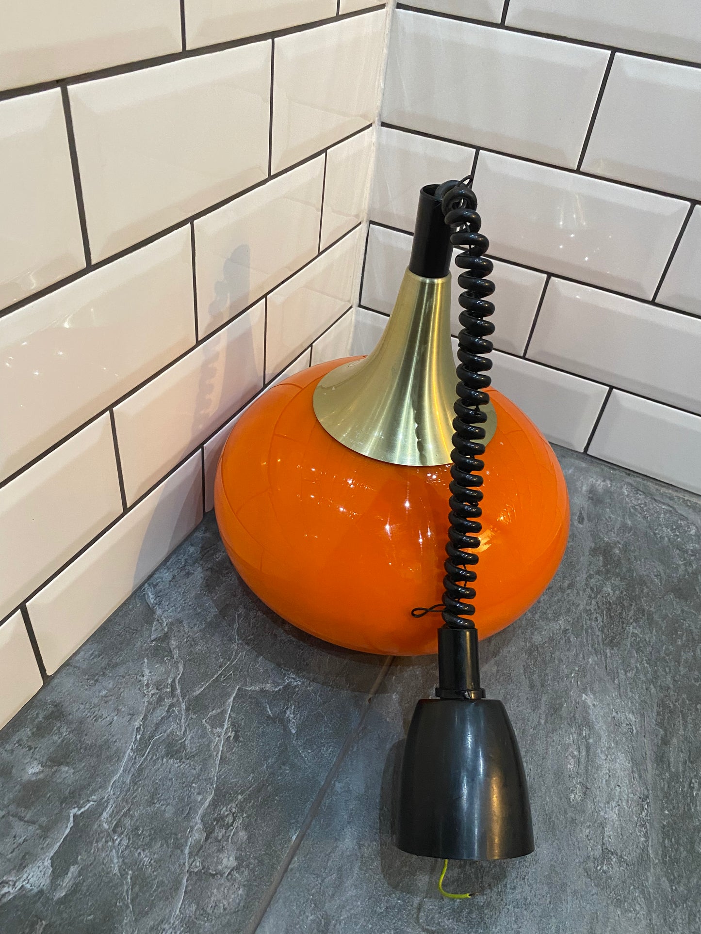 1970's Rise and Fall Ceiling Light Fitting with Opaque Orange Glass Shade