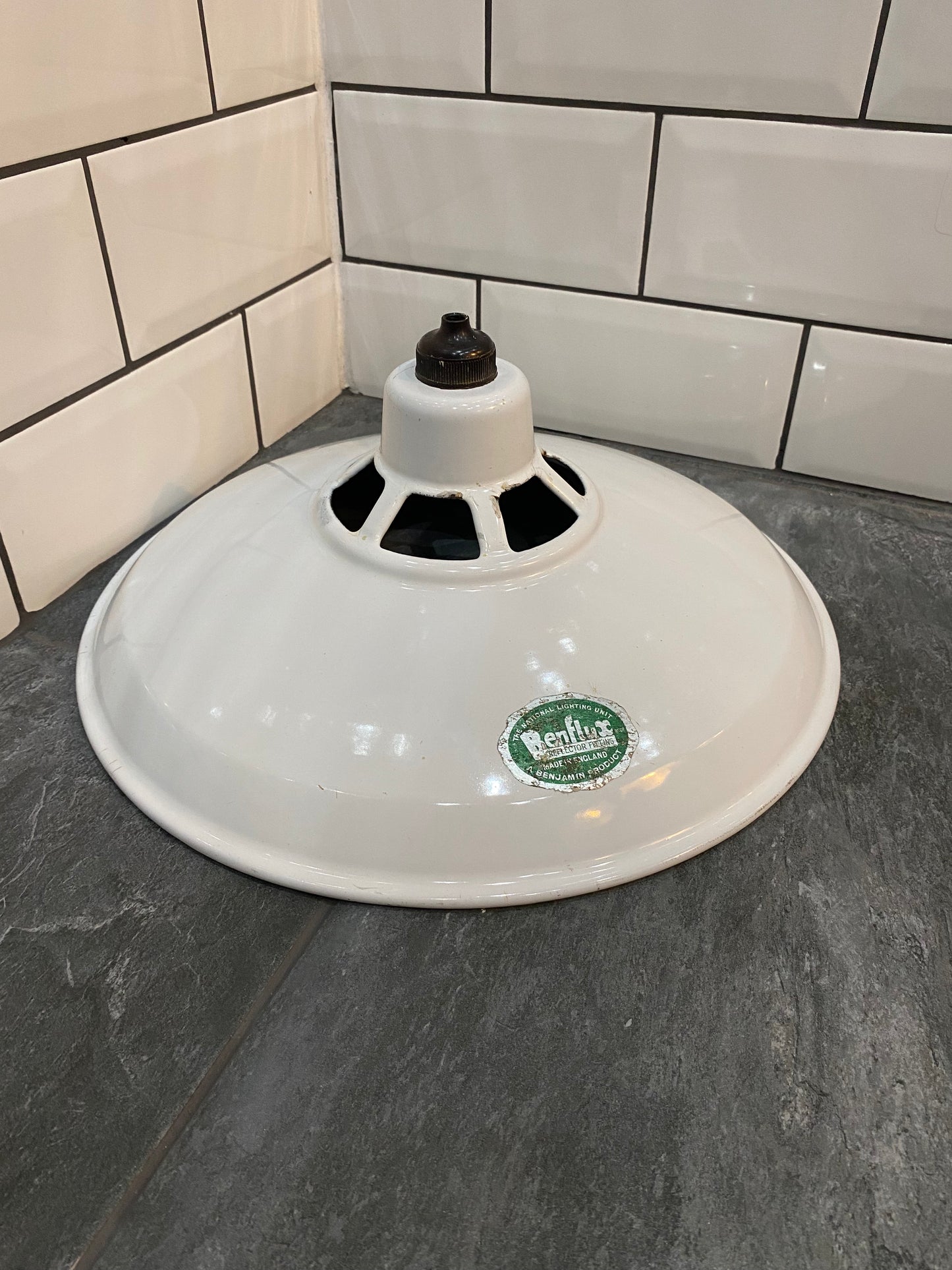 1930/40s White Enamel Benflux Pendant Light By Benjamin