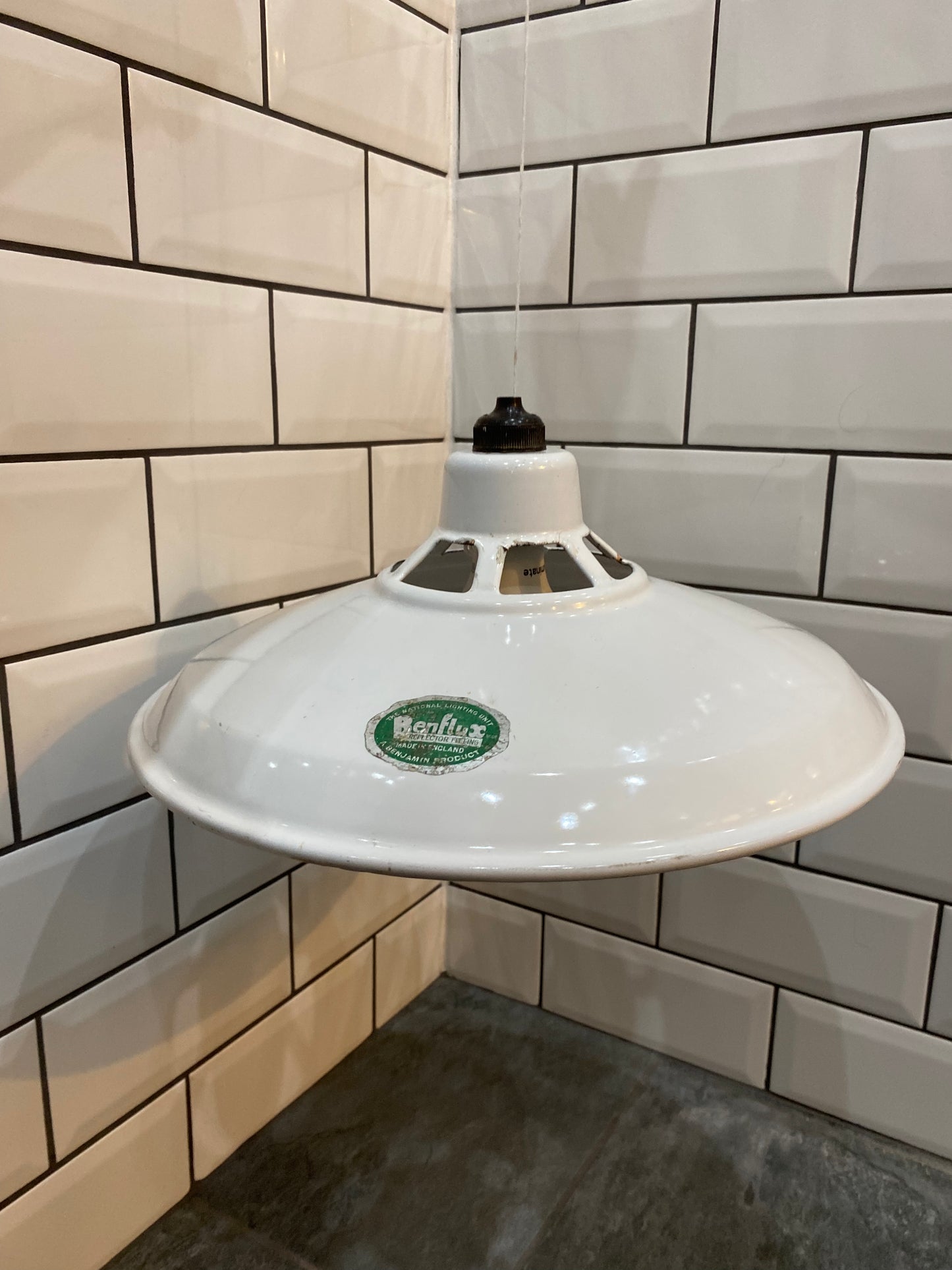 1930/40s White Enamel Benflux Pendant Light By Benjamin