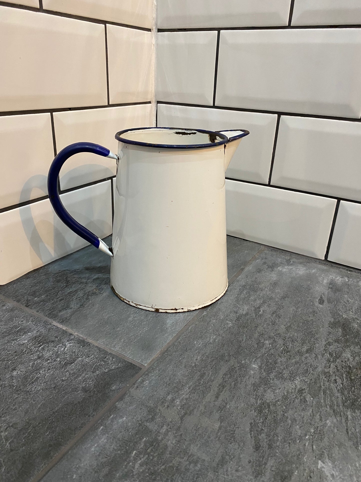 Vintage Rustic White Enamel Jug/Pitcher/Kitchen Display Vase