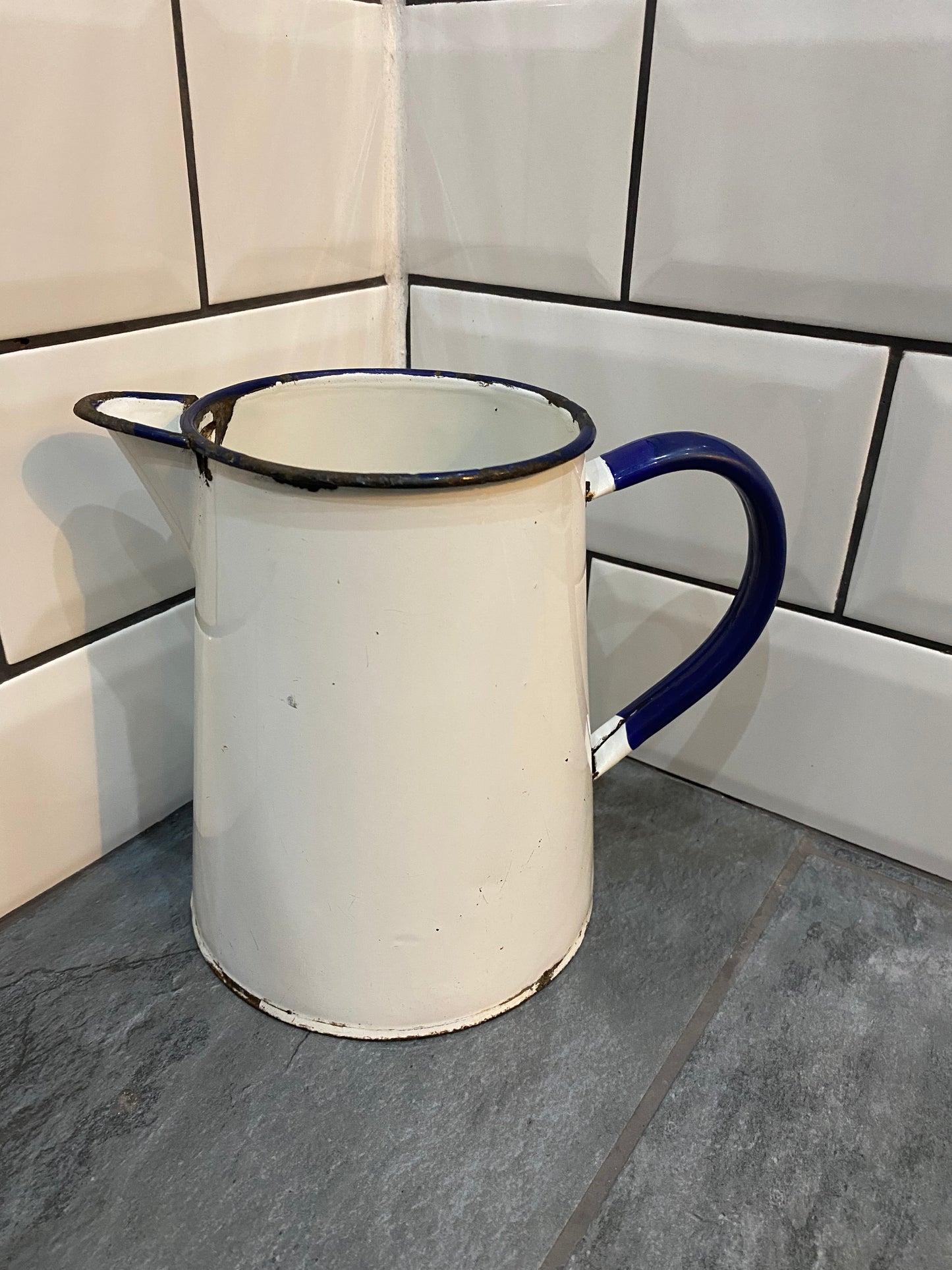 Vintage Rustic White Enamel Jug/Pitcher/Kitchen Display Vase