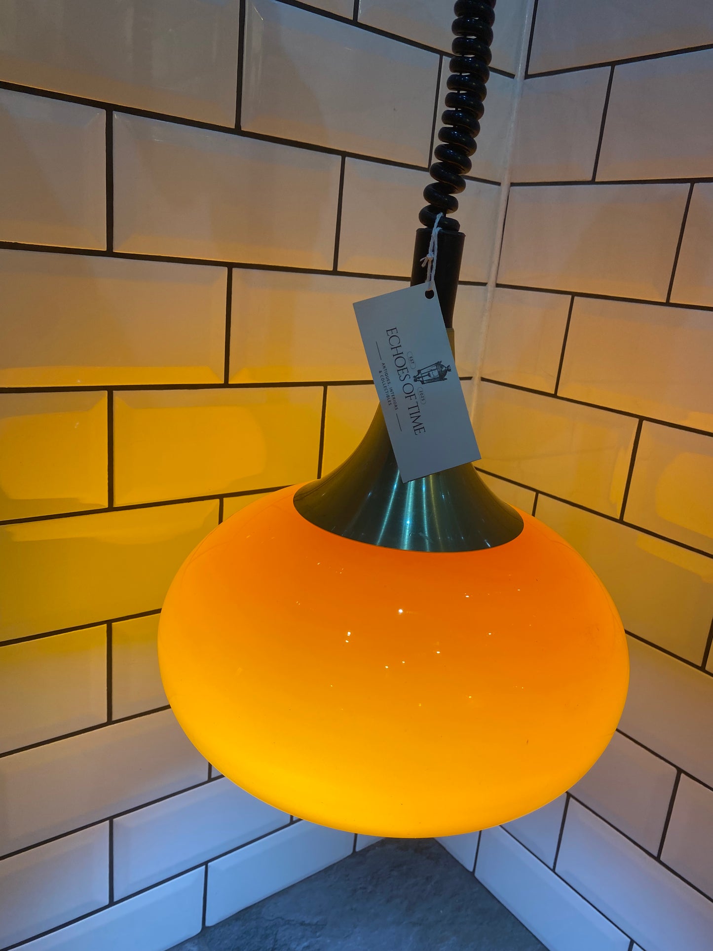 1970's Rise and Fall Ceiling Light Fitting with Opaque Orange Glass Shade