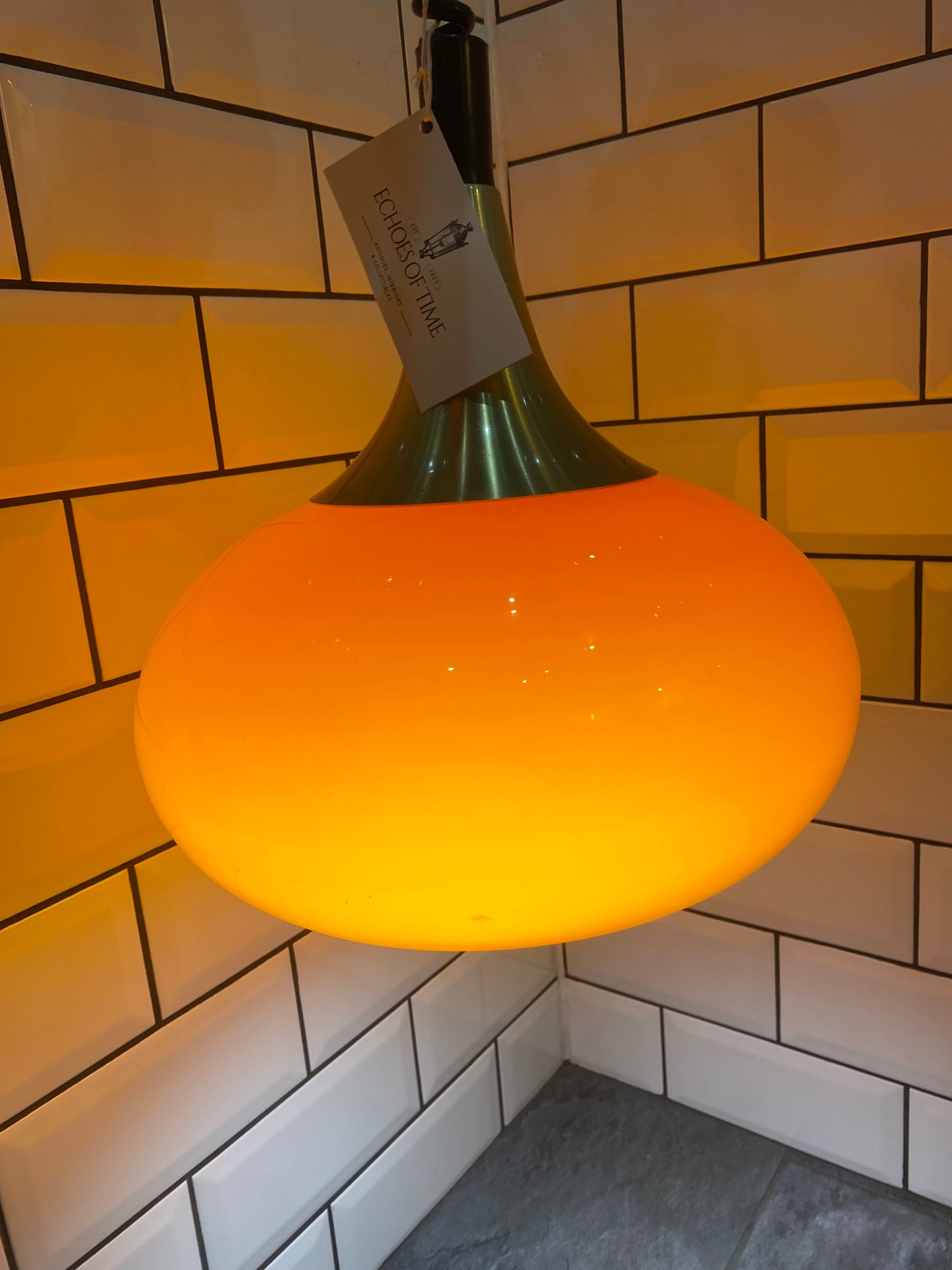 1970's Rise and Fall Ceiling Light Fitting with Opaque Orange Glass Shade