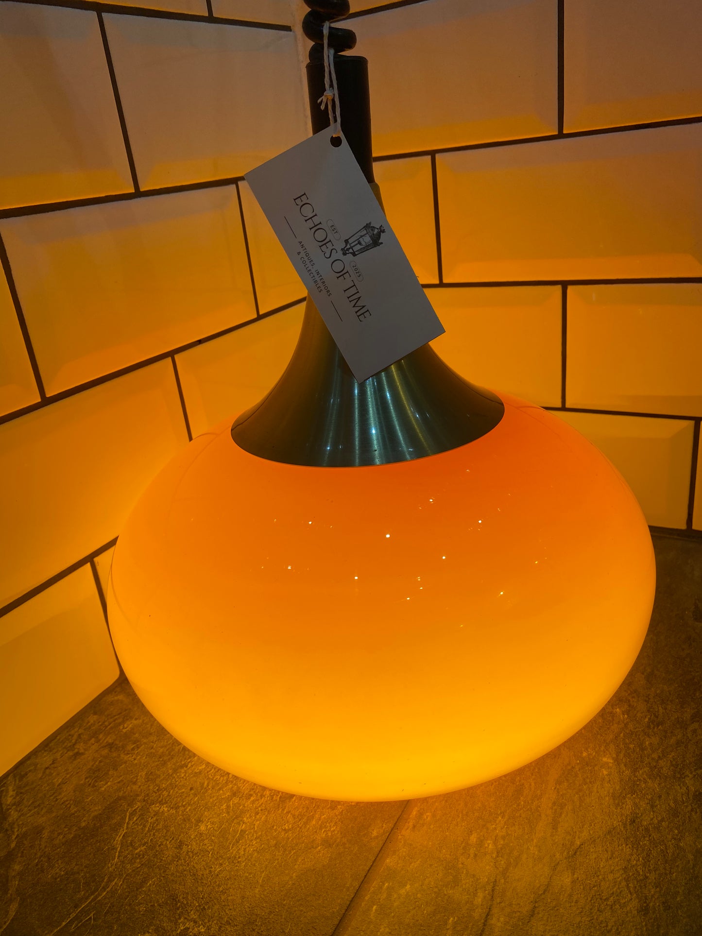1970's Rise and Fall Ceiling Light Fitting with Opaque Orange Glass Shade