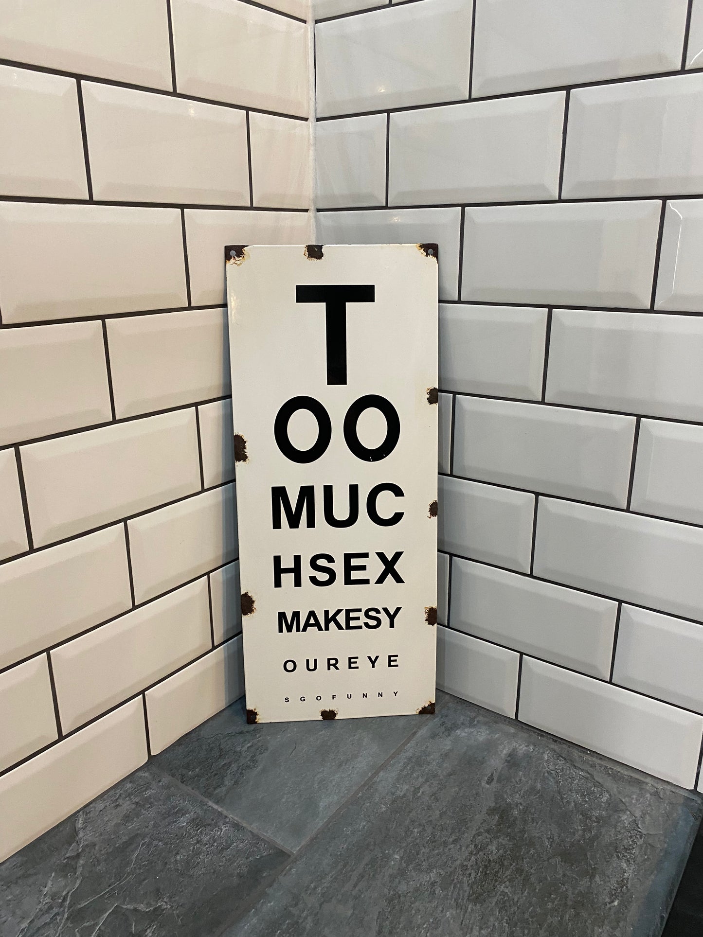 'Too Much Sex' Enamel Opticians Sign