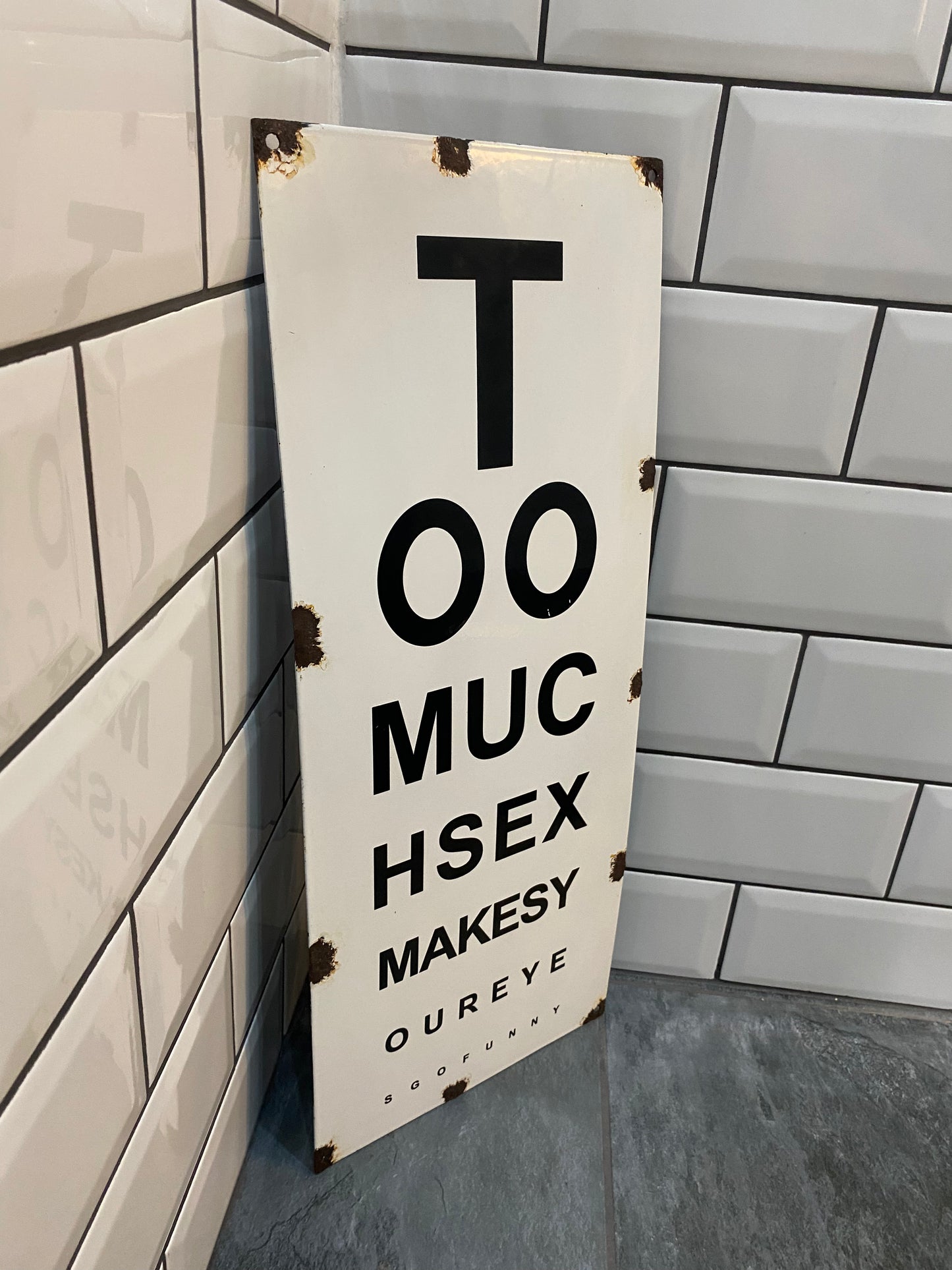 'Too Much Sex' Enamel Opticians Sign