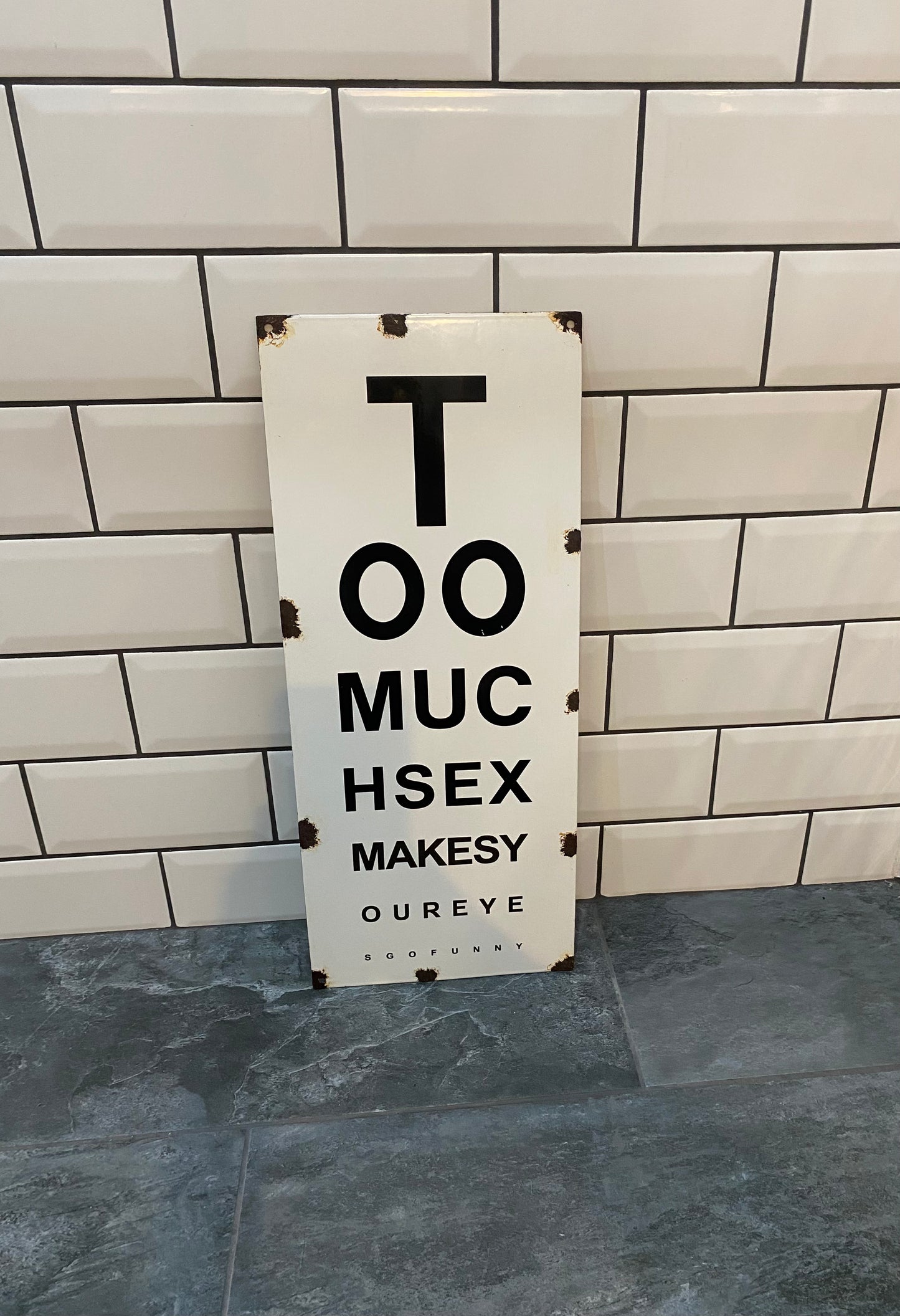 'Too Much Sex' Enamel Opticians Sign