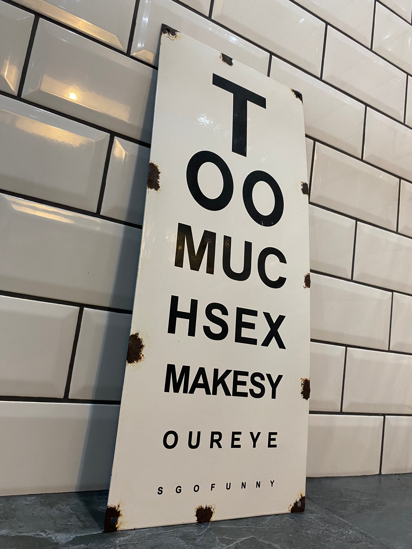 'Too Much Sex' Enamel Opticians Sign