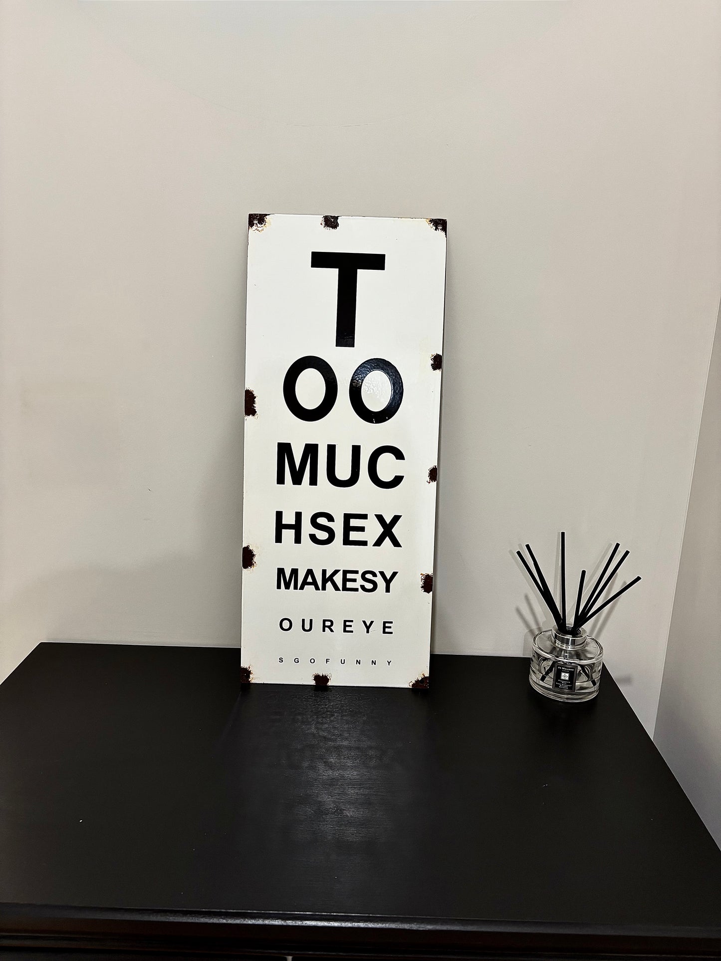 'Too Much Sex' Enamel Opticians Sign